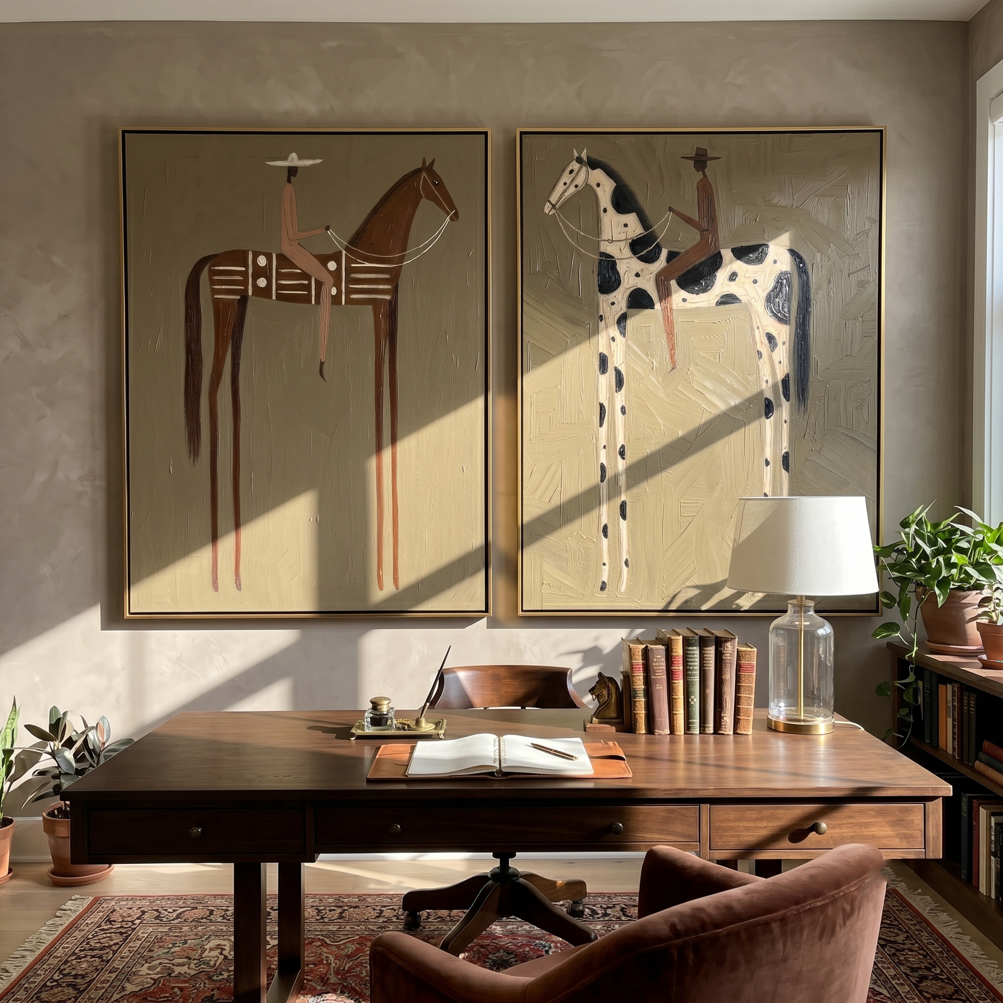 Desert Riders Diptych – Vintage Americana Two Folk Riders Two-Panel Painting | Modern Farmhouse Living Room Art