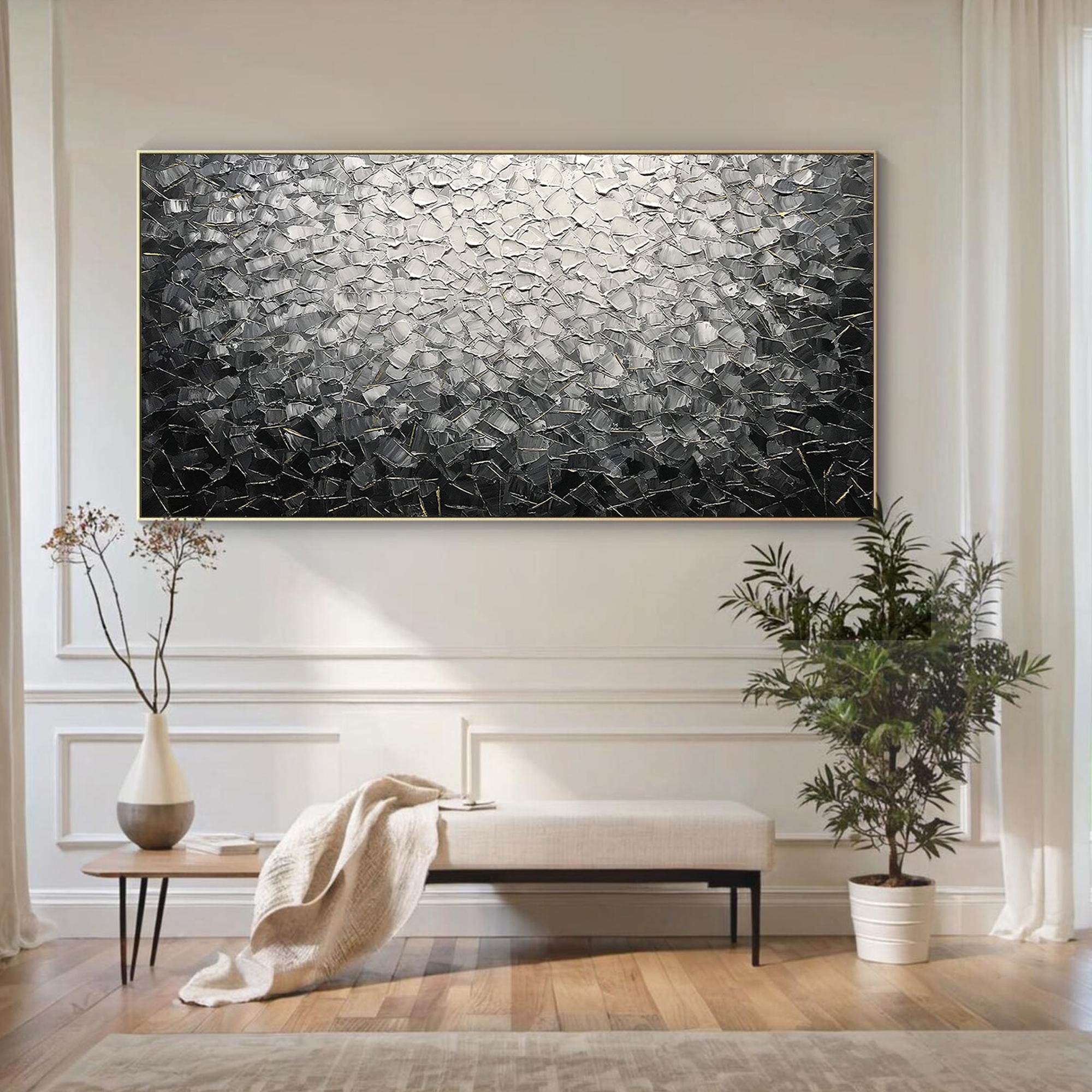Silver Matrix – Modern Grayscale Relief Texture Painting | Contemporary Plaster Texture Living Room & Office Art