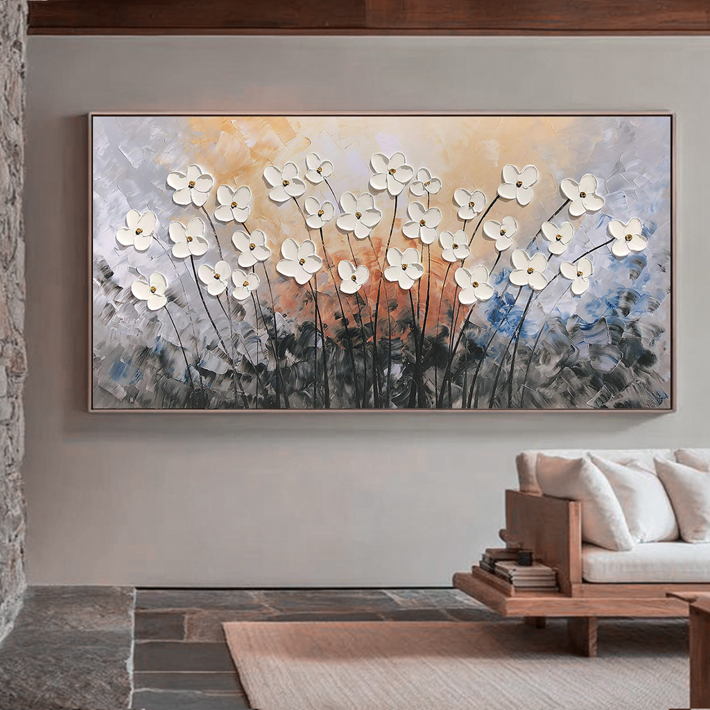 Amber Radiance – Sunset Background Flower Relief Floral Painting | Contemporary Botanical Bedroom & Living Room Art