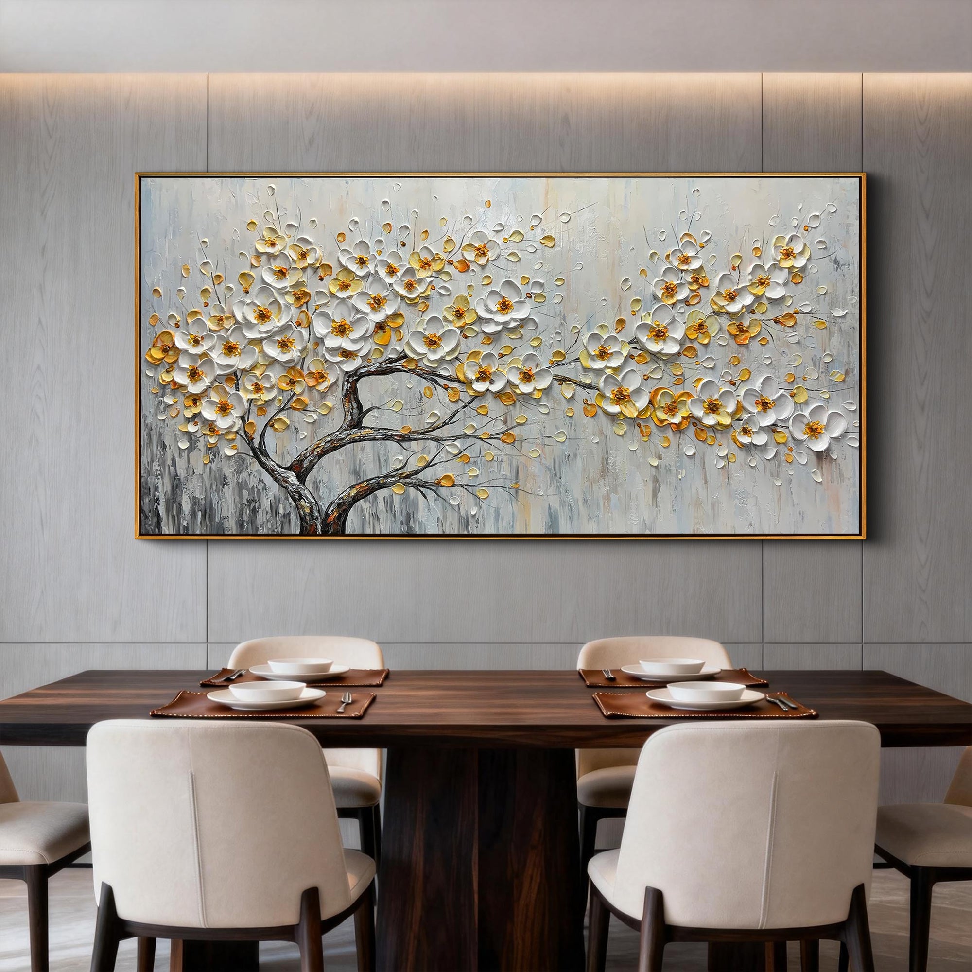 Gilded Blossom – Modern Heavy Textured Floral Painting | Luxury Horizontal Living Room Art