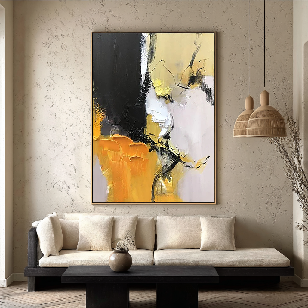 Amber Energy – Hand-Painted Bold Yellow and Black Palette Knife Abstract Painting | Bold Abstract Palette Knife Living Room Art