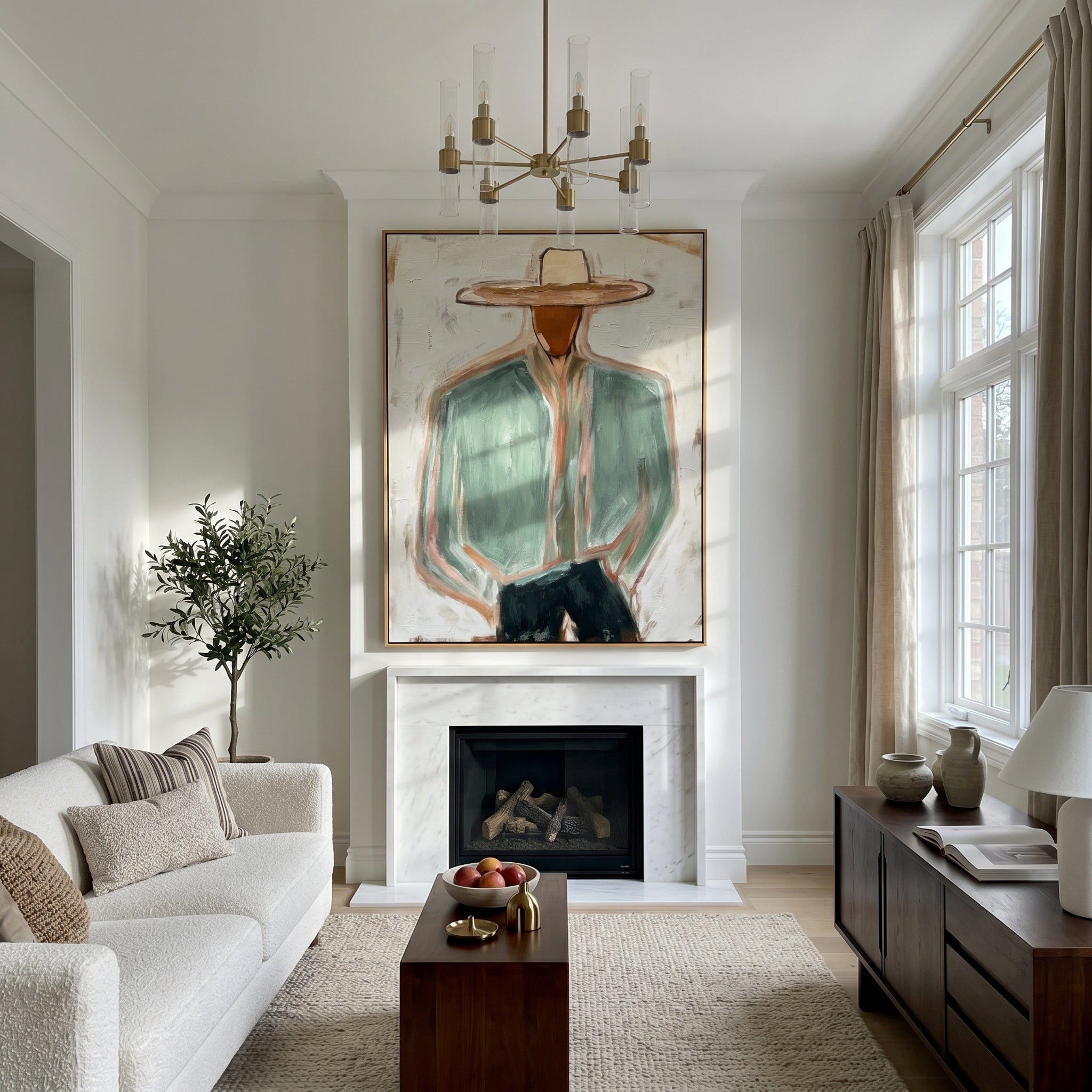 The Wanderer's Soul - Modern Sage Green Cowboy Figurative Painting | Mid-Century Abstract Entryway Art