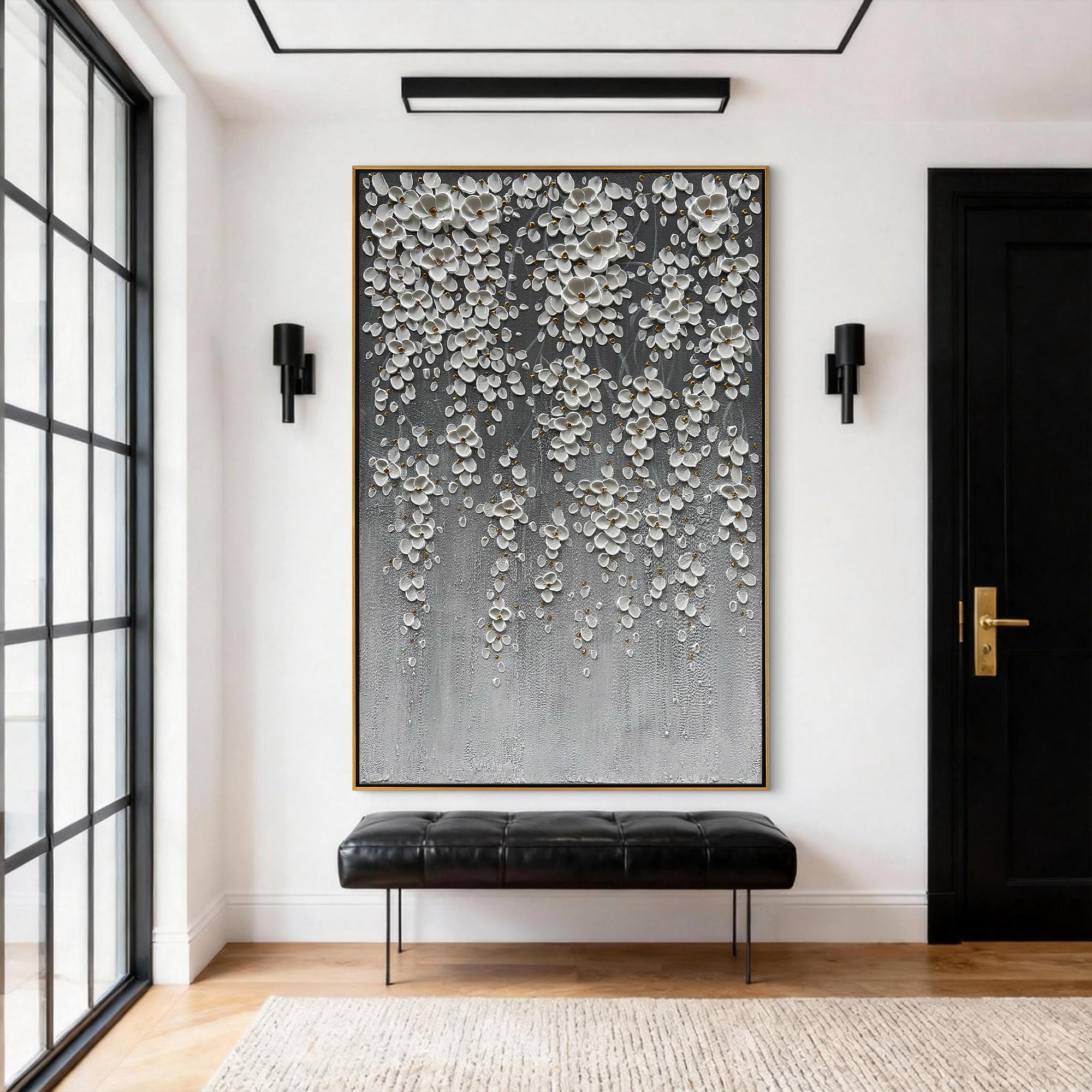 Cascading Bloom – Ombre Grey Floral Relief Texture Painting | Contemporary Botanical Bedroom & Living Room Art