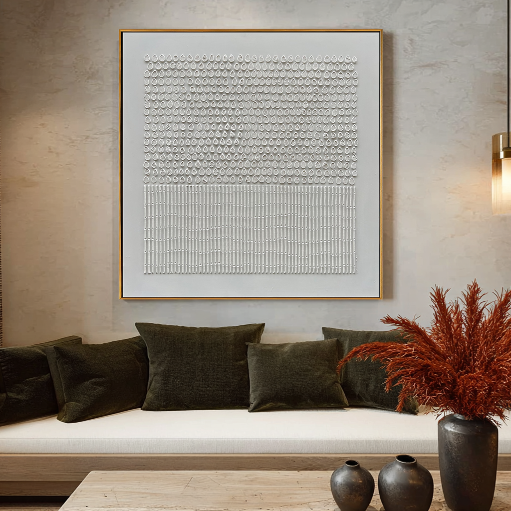 Listening to Rain – Wabi-Sabi Pure White Textured Raindrop & Bamboo Listening to Rain" – Wabi-Sabi Pure White Textured Raindrop & Bamboo Abstract Painting | Modern Minimalist HArt