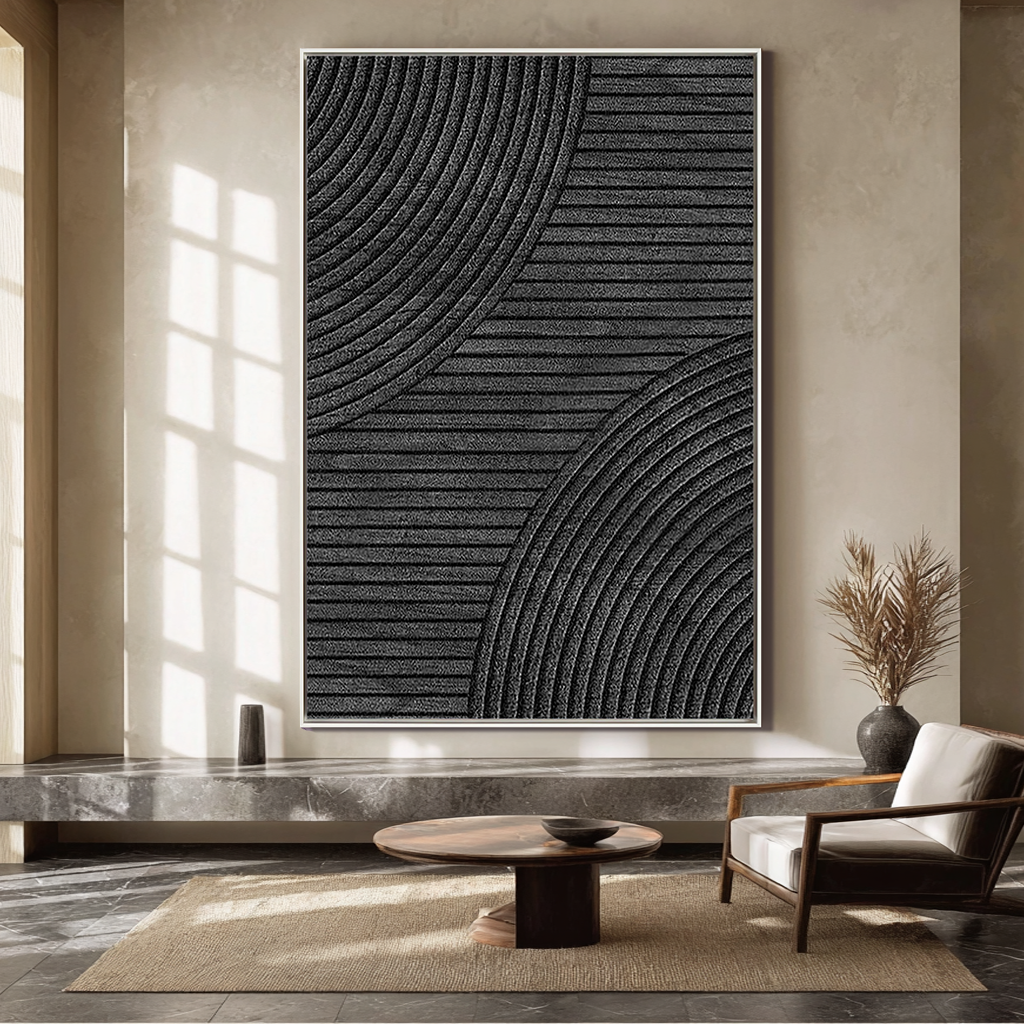 LINEAR ECLIPSE: Texture Wall Art, Hand-Painted All-Black Minimalist Geometric Plaster Relief 3D Textured Gallery Art