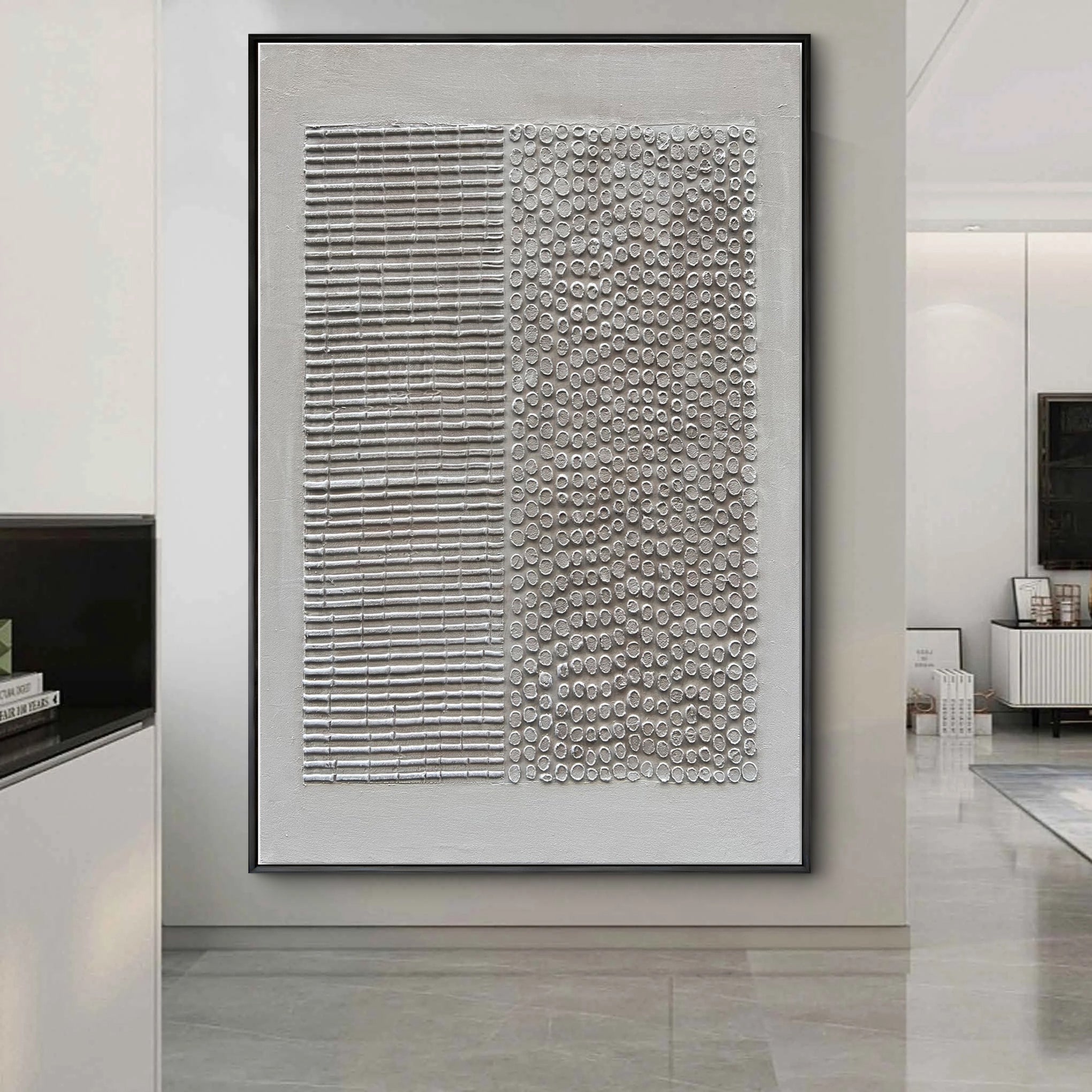 SILENT GRID: Wabi-Sabi Plaster Texture Wall Art, Modern Linear Abstract Relief