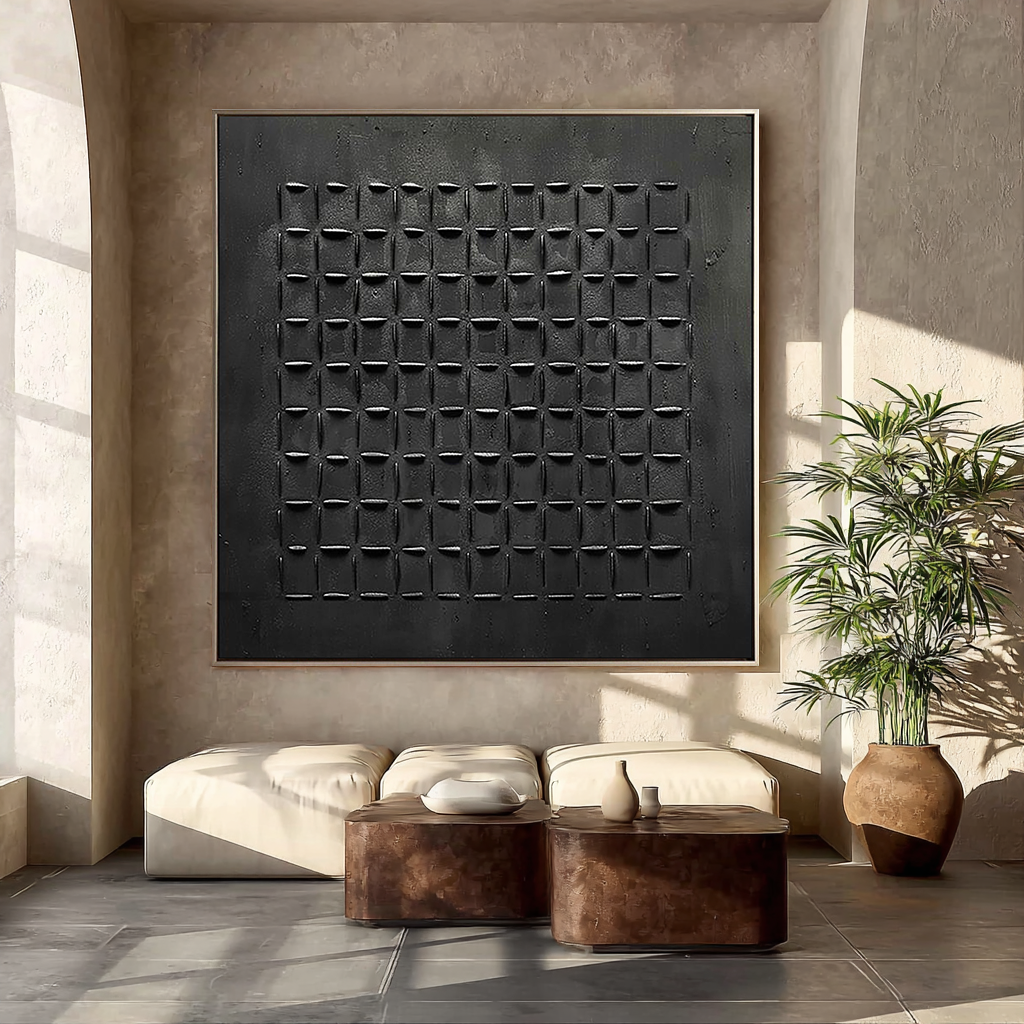 Onyx Grid – Modern Black Plaster Relief Abstract Wabi-Sabi Painting | Japandi Wabi-Sabi Living Room & Bedroom Art