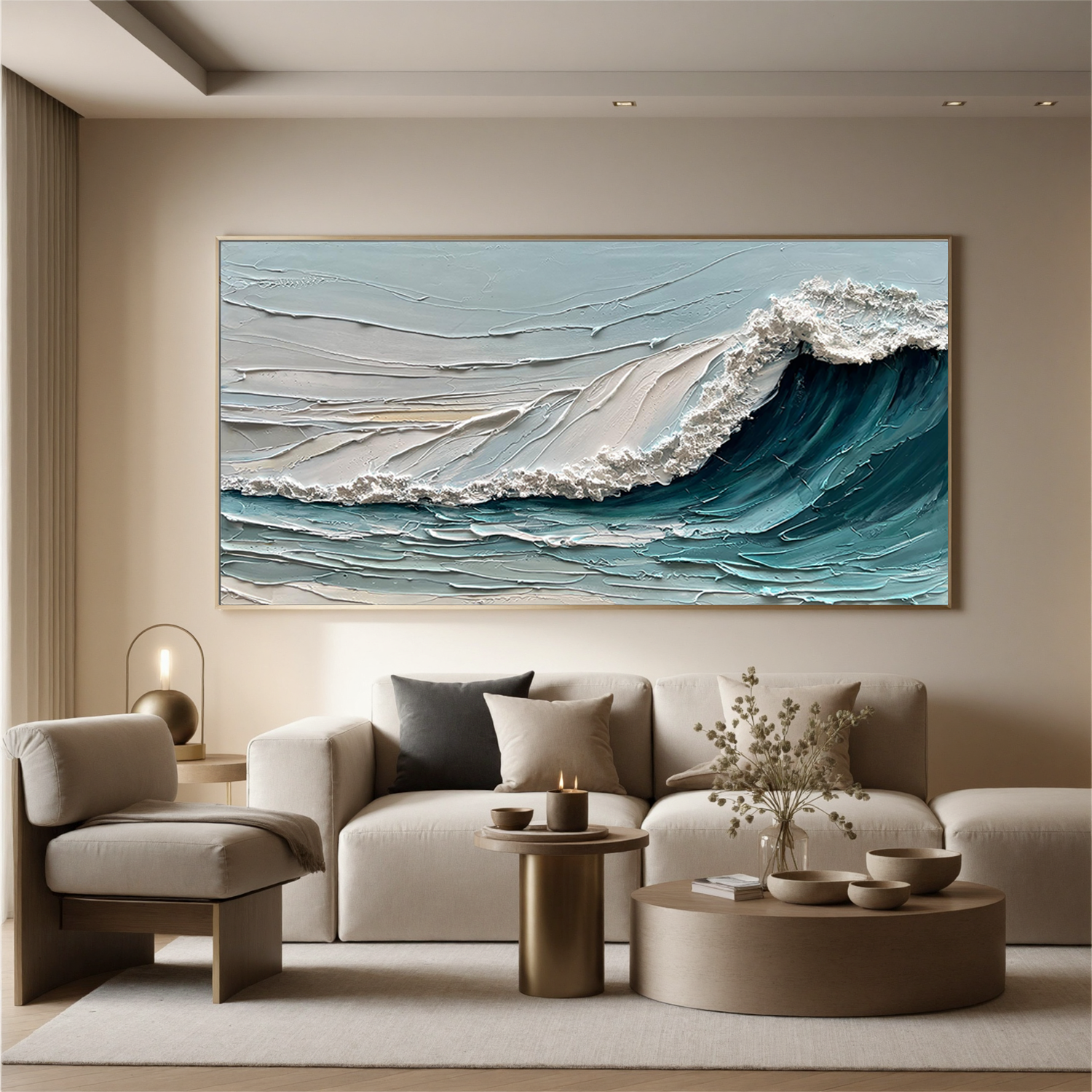 Azure Crest – Modern Plaster Ocean Relief Texture Painting | Coastal Modern Living Room & Bedroom Art