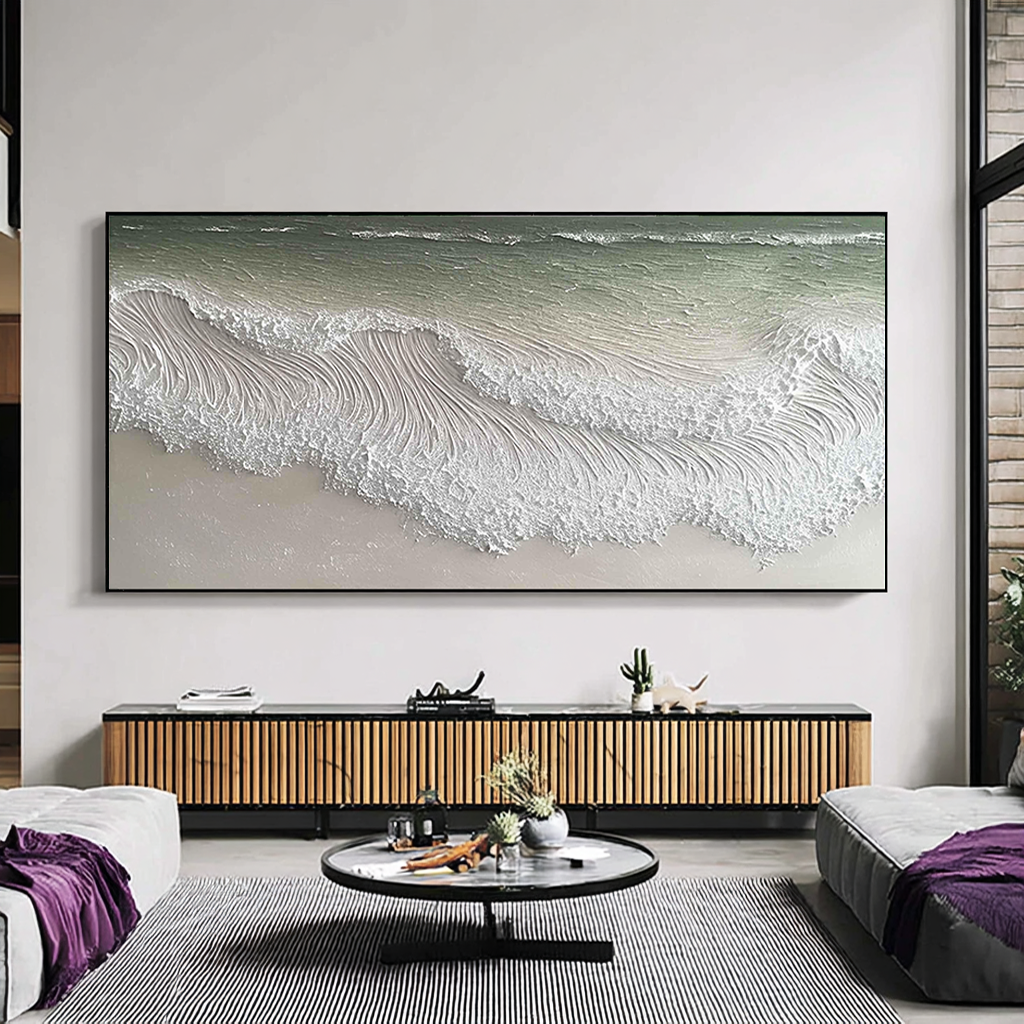 Ocean Froth – Hand-Painted Plaster Effect Sea Foam Wave Relief Seascape Painting | Coastal Modern Living Room & Bedroom Art