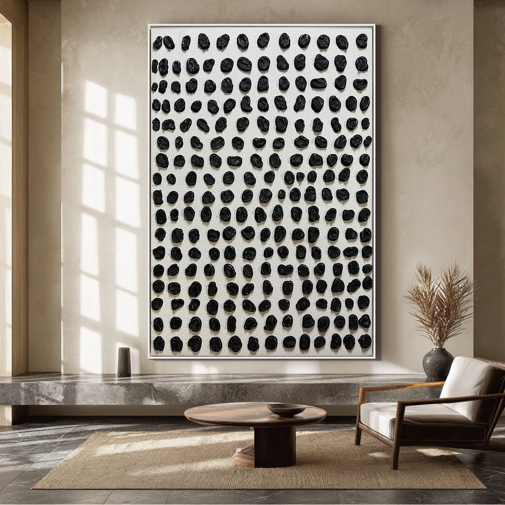 Rhythmic Dots – 3D Heavy Texture Black Pebble Relief Wabi-Sabi Painting | Japandi Wabi-Sabi Living Room & Bedroom Art