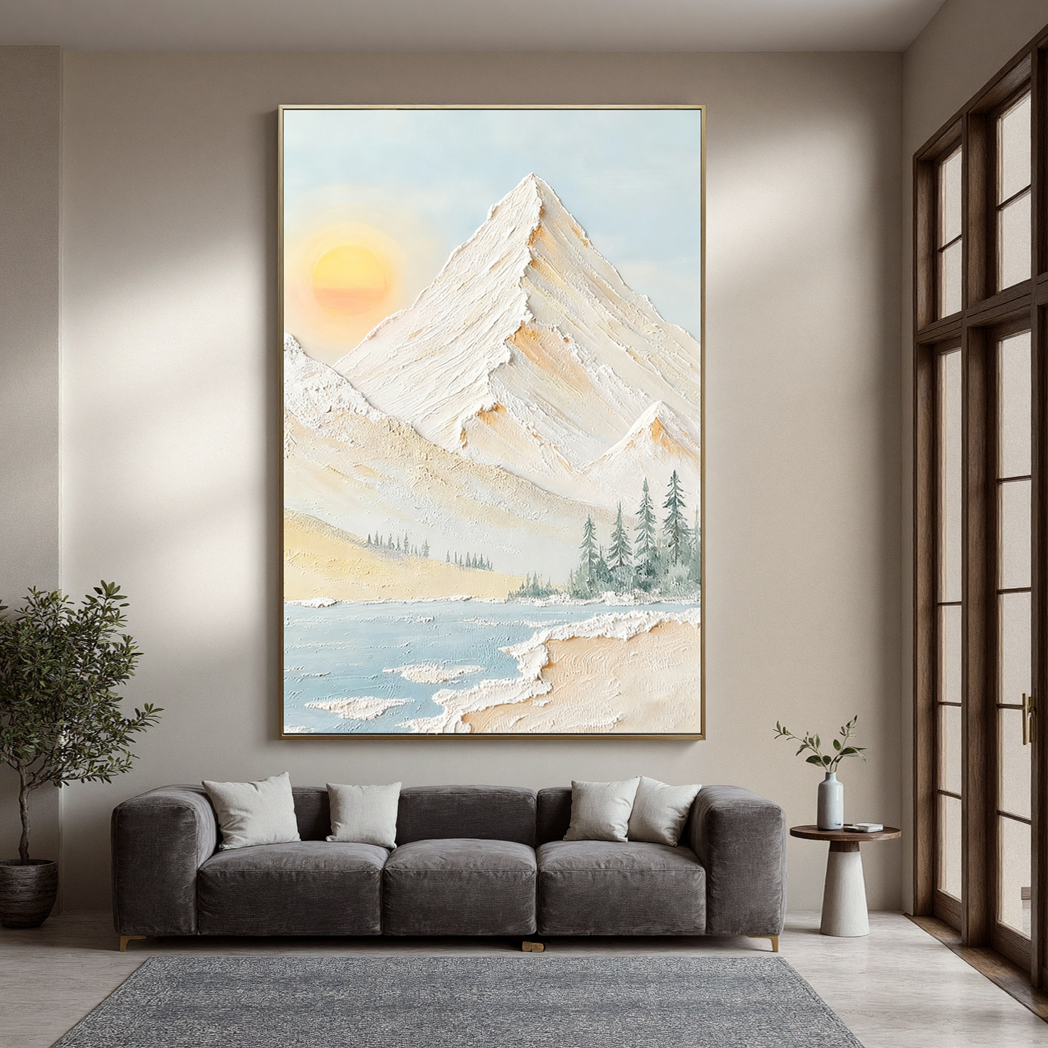 Pale Daylight – Scandinavian Minimalist Sun & Mountain Impasto Painting | Serene Textured Landscape Living Room Art