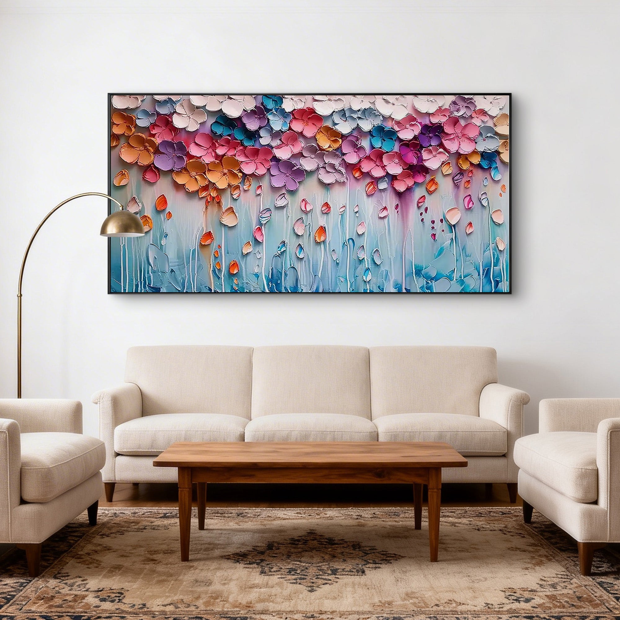 Dreamy Floral Rain – Modern Vibrant Impasto Pastel Flowers Painting | Healing Romantic Living Room Art