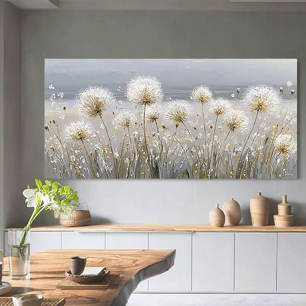 Wishful Fields – Hand-Painted White Dandelion Impressionist Floral Painting | Contemporary Botanical Bedroom & Living Room Art