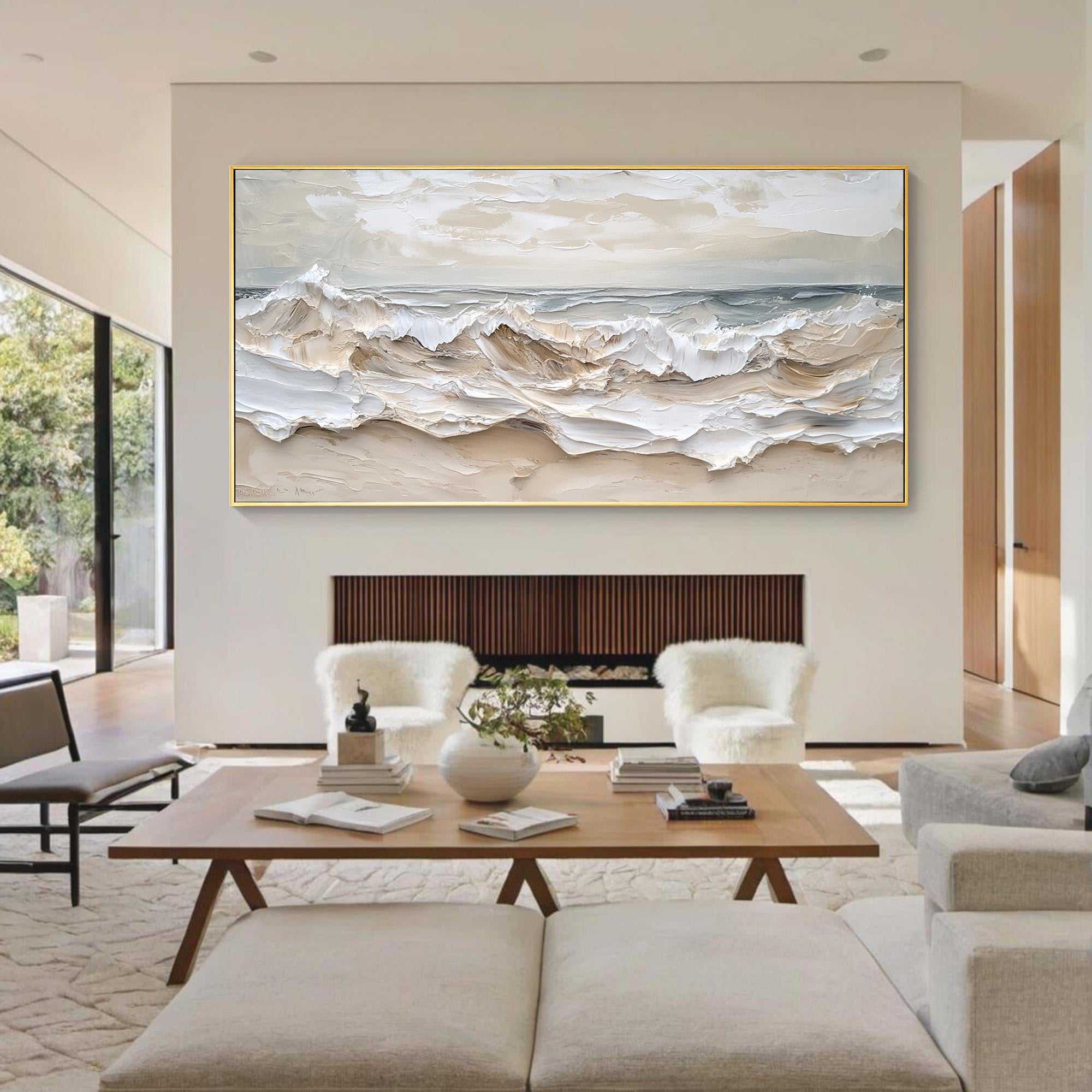 Whipped Tides – Hand-Painted Creamy White Ocean Wave Plaster Effect Seascape Painting | Coastal Modern Living Room & Bedroom Art