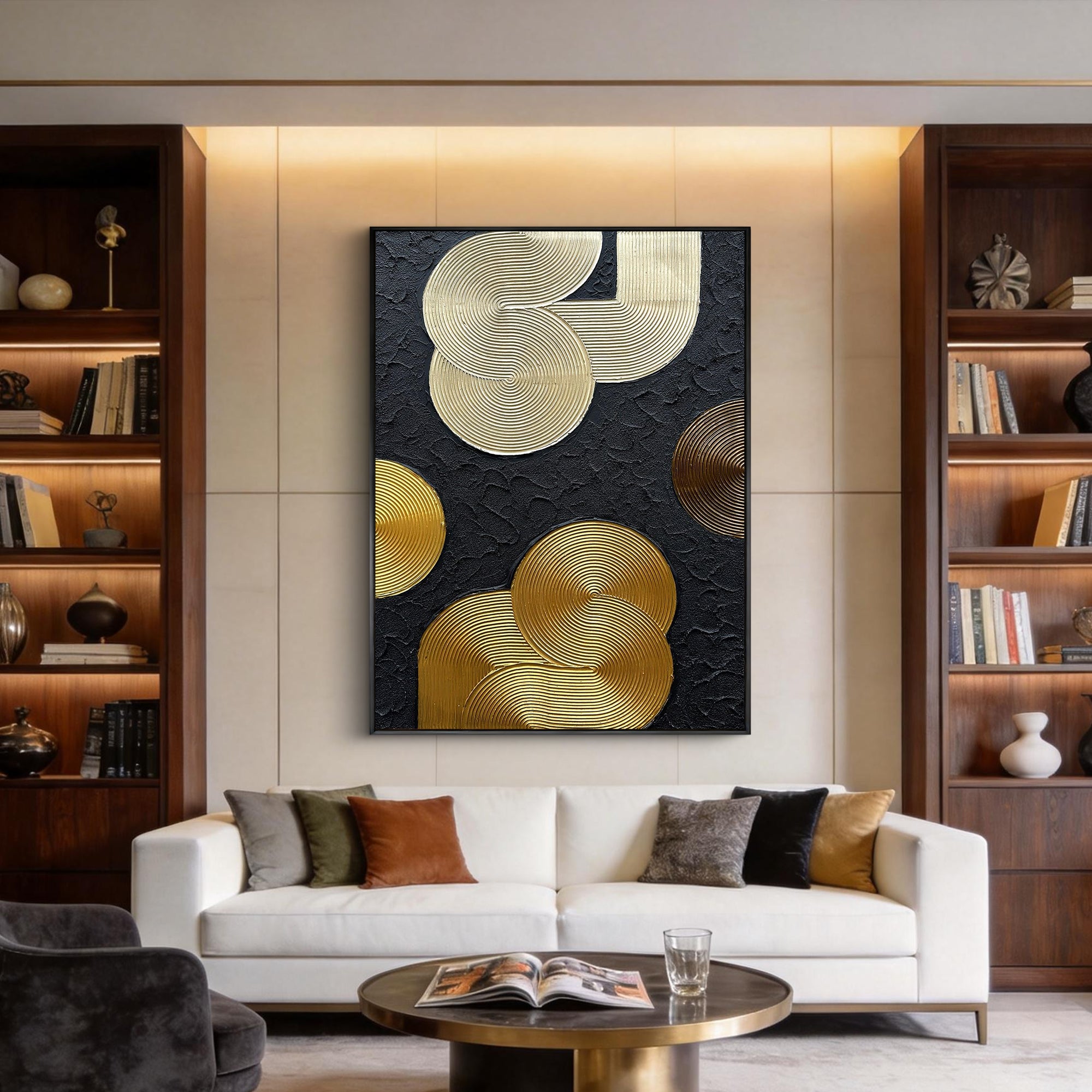 Metallic Orbit – Luxury Black & Gold 3D Linear Geometric Art | Modern High-End  Living Room Art
