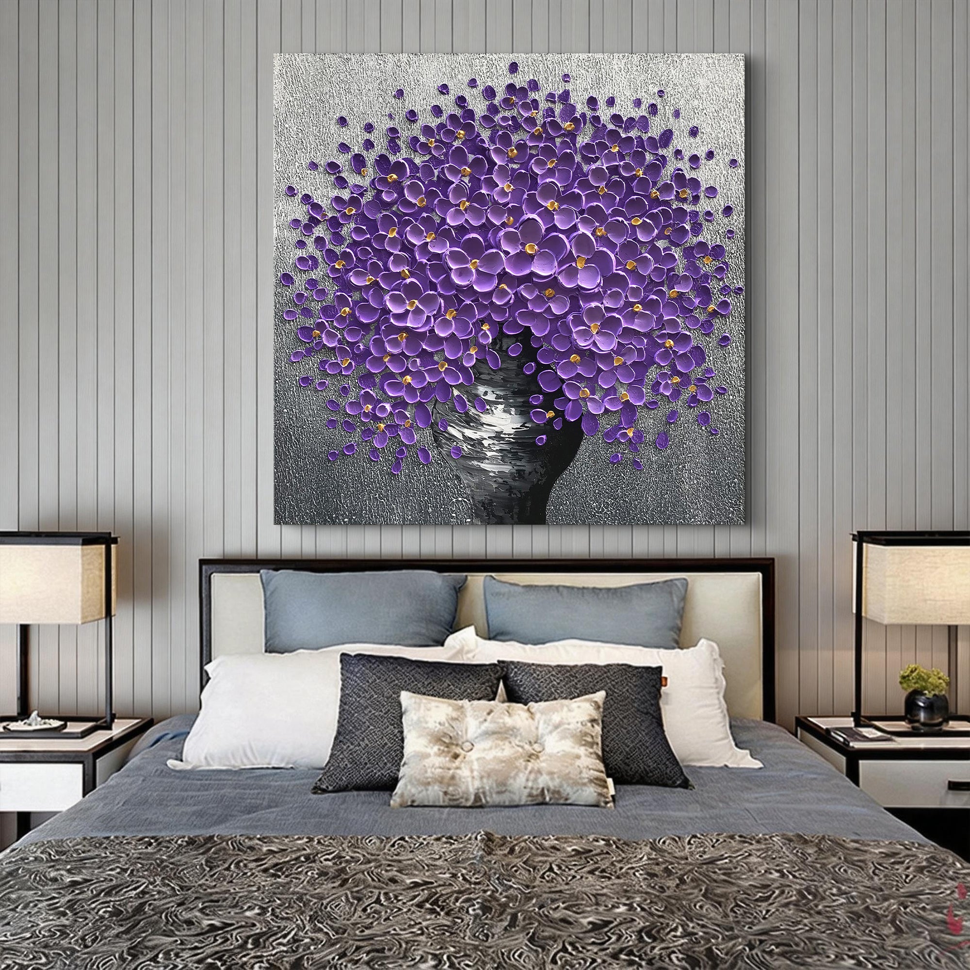 Violet Sphere – Modern Floral Bouquet Relief Floral Painting | Contemporary Botanical Bedroom & Living Room Art
