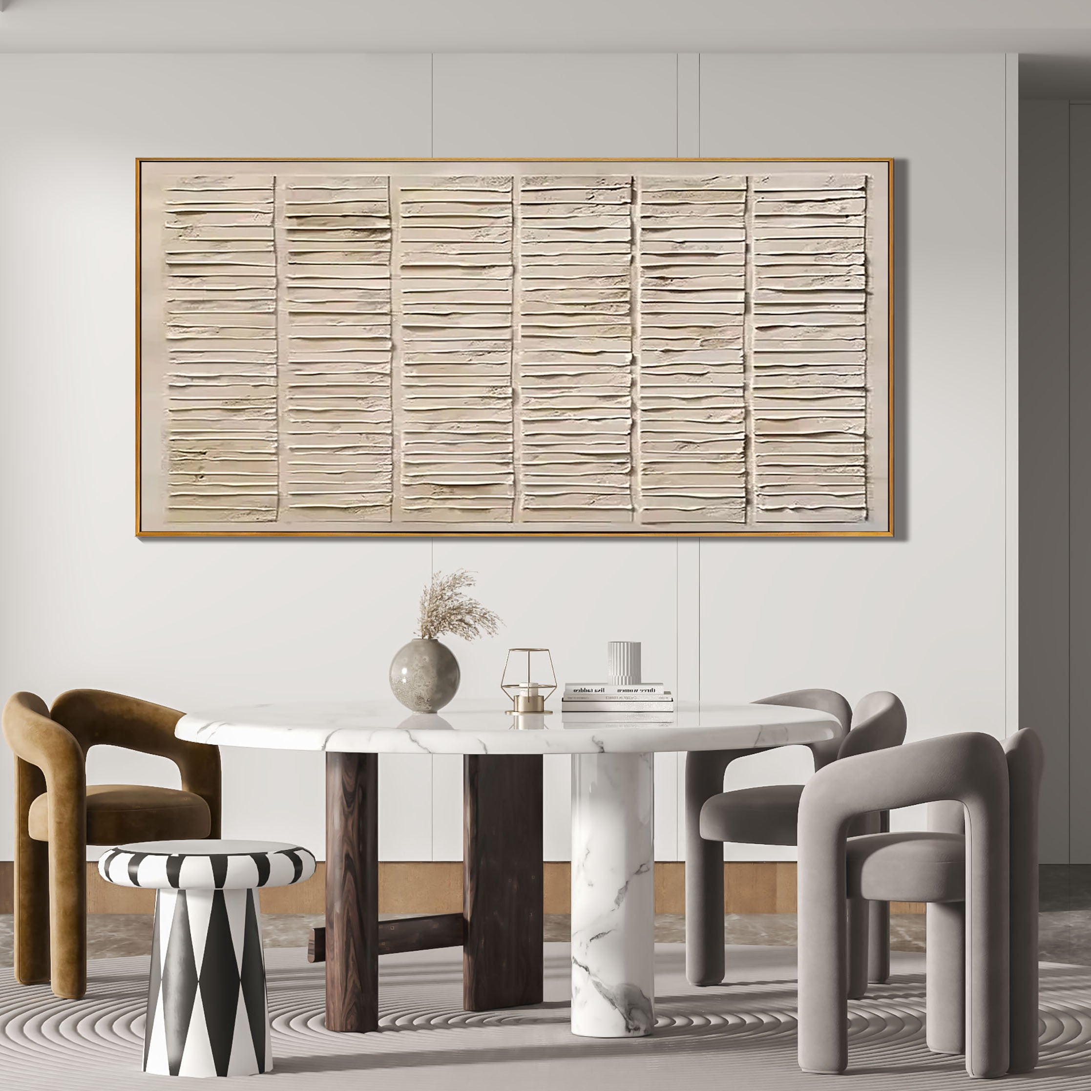 Rhythmic Lines – Modern Neutral Plaster Relief Linear Wabi-Sabi Painting | Japandi Organic Wabi-Sabi Living Room & Hallway Art