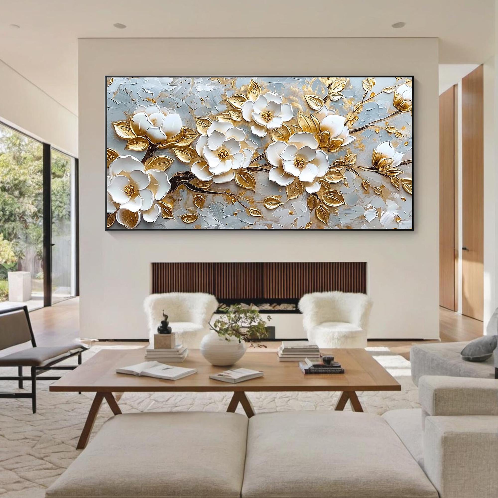 Golden Bloom – Luxury Gold Foil White Flower 3D Relief Floral Painting | Modern Luxury Botanical Bedroom & Living Room Art