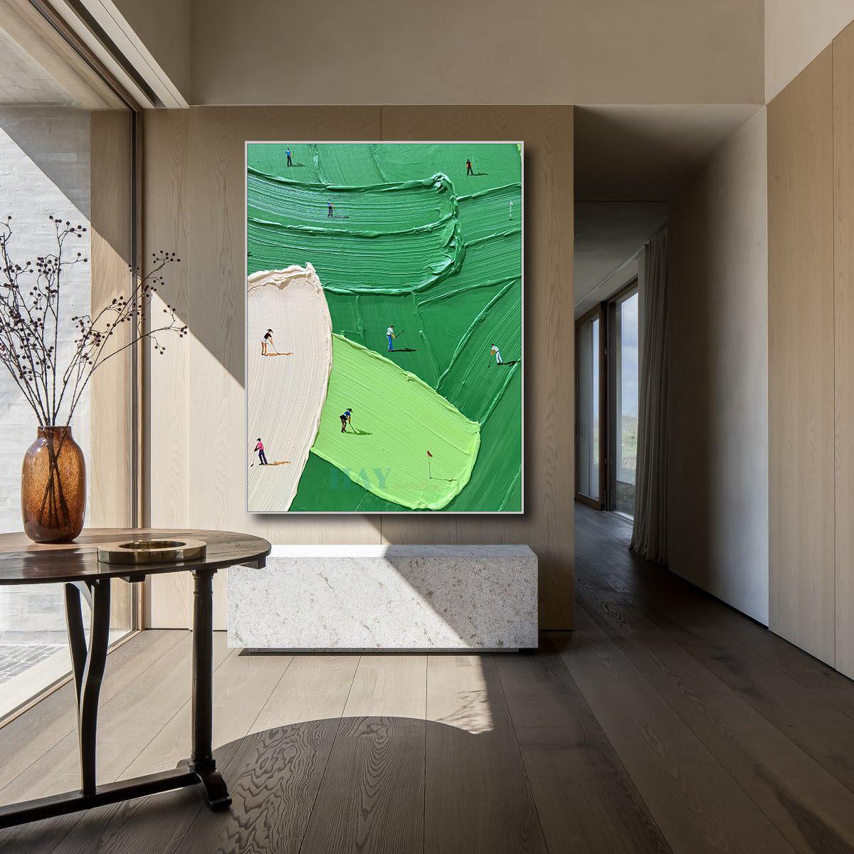 Putting Green – Hand-Painted Vibrant Green Grass Texture Golfers Sport Painting | Contemporary Sport Home Office & Living Room Art