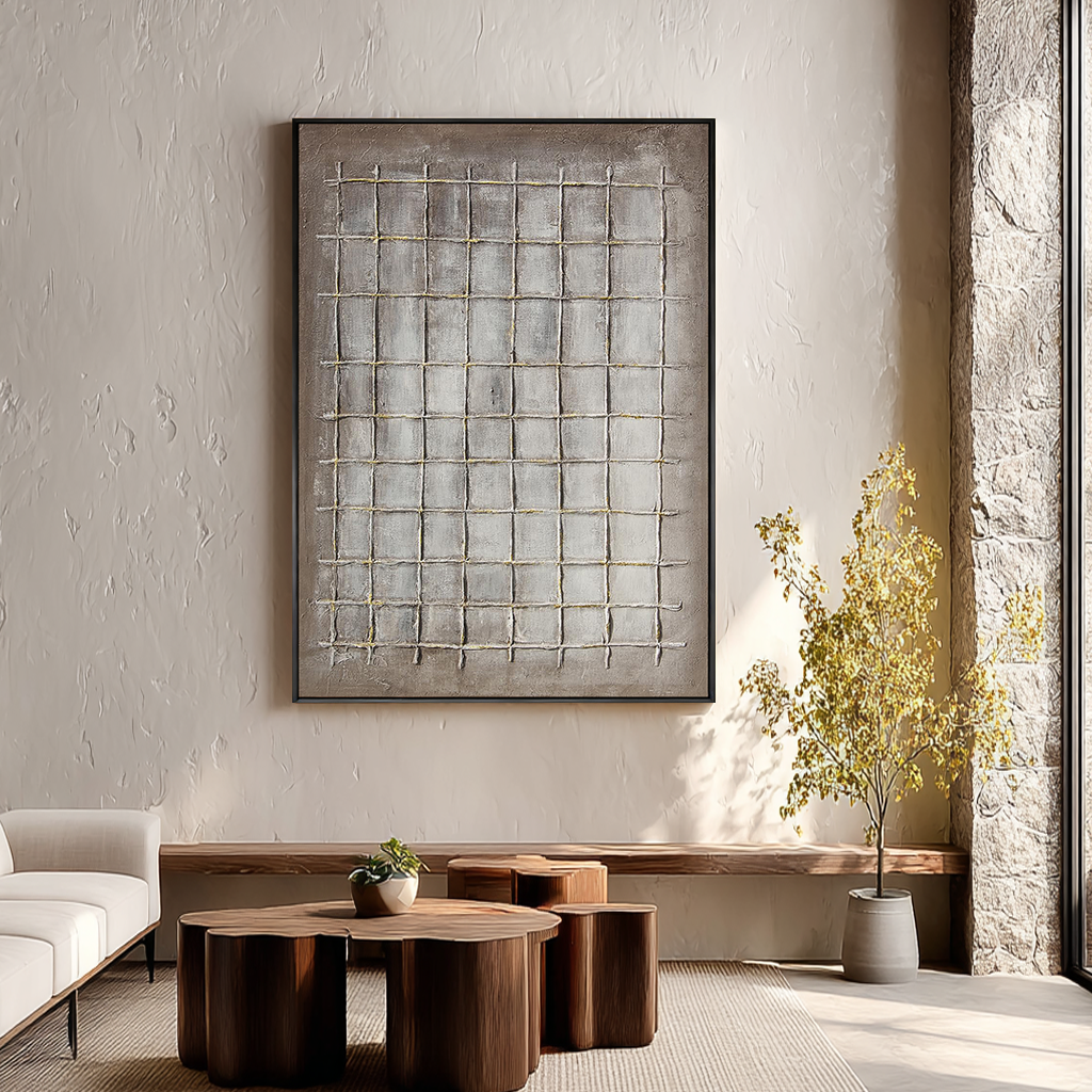 Ancient Grid – Modern Neutral Plaster Relief Grid Wabi-Sabi Painting | Japandi Organic Wabi-Sabi Living Room & Hallway Art