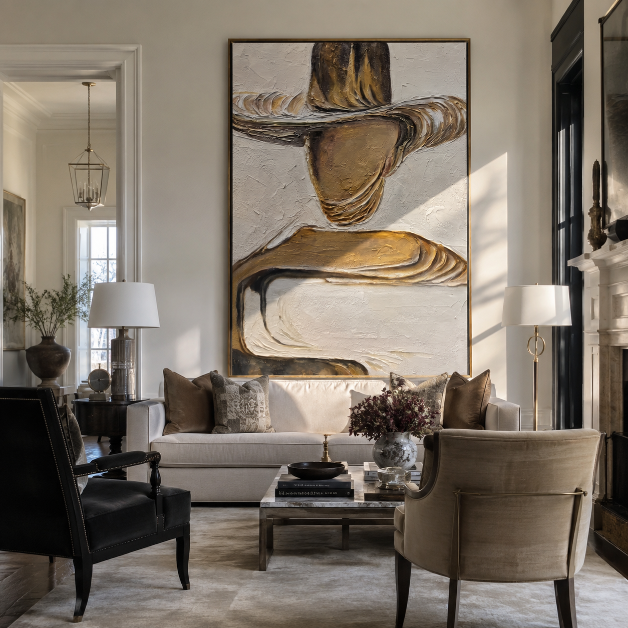 Gilded Brim Holds Still – Gold Hat Figure Painting | Retro Modern Vertical Wall Art