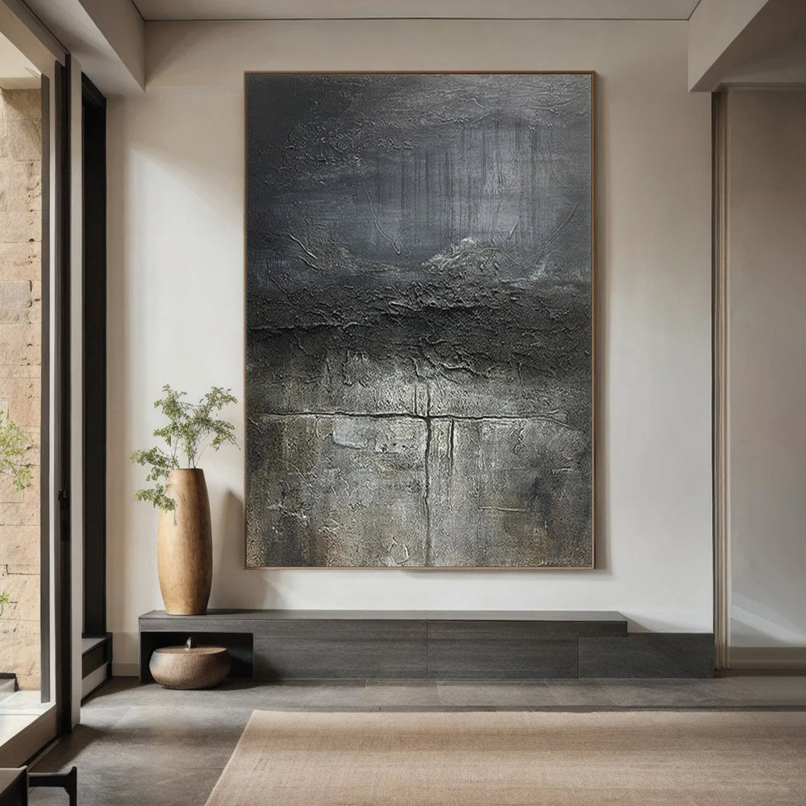 Earthen Crust – Hand-Painted Dark Grey Volcanic Texture Plaster Relief Wabi-Sabi Painting | Japandi Wabi-Sabi Living Room & Bedroom Art