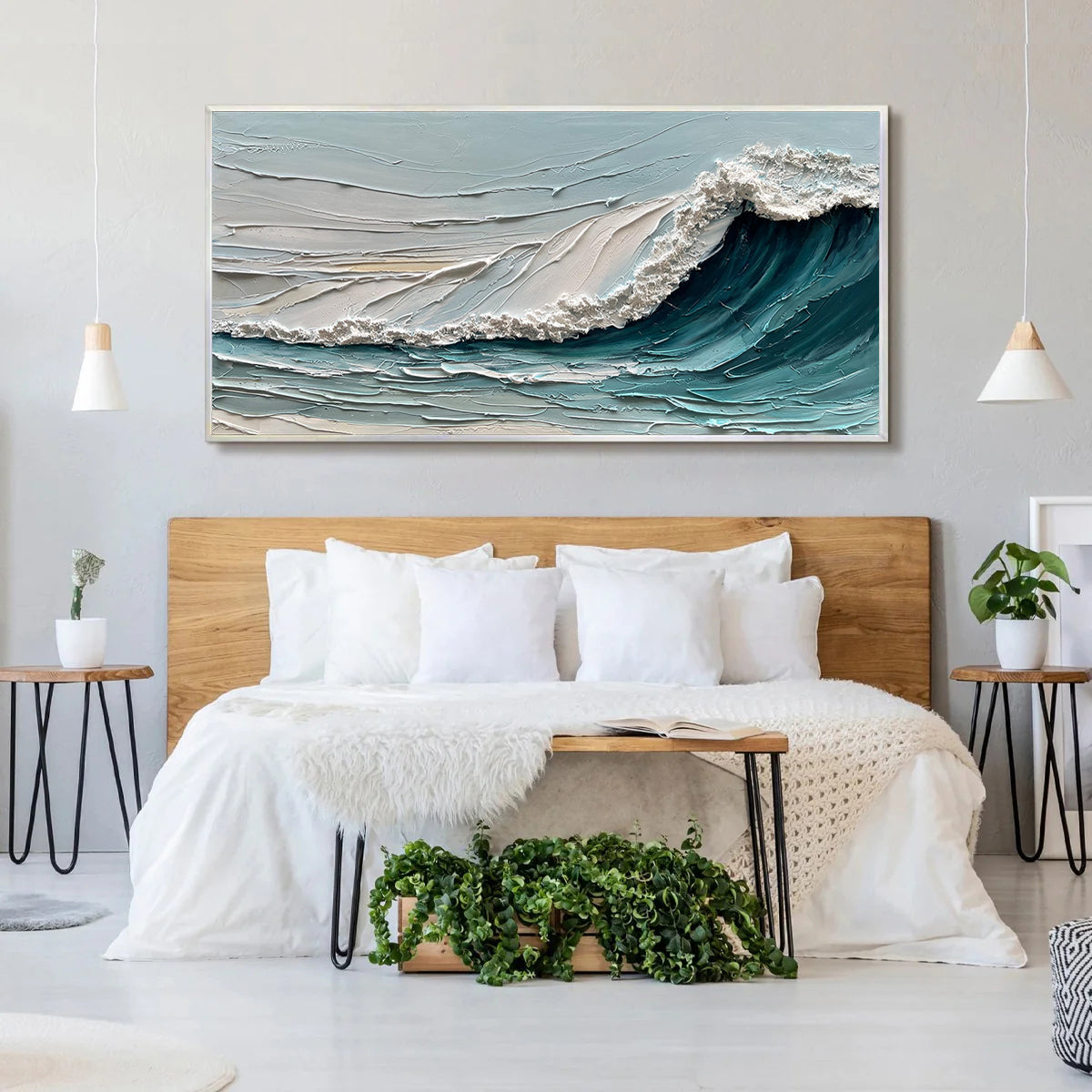 Azure Crest – Modern Plaster Ocean Relief Texture Painting | Coastal Modern Living Room & Bedroom Art