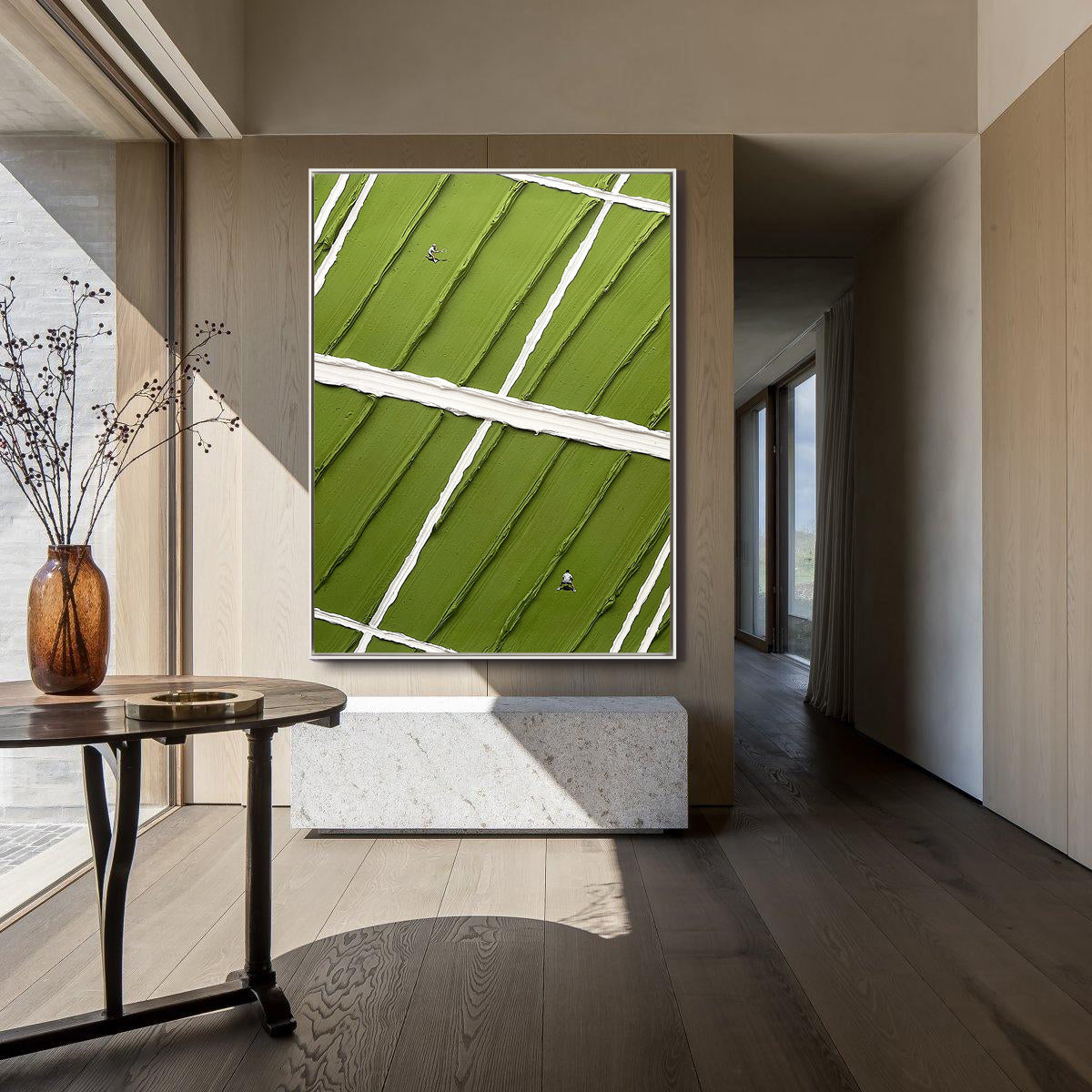Match Point – Hand-Painted Green Tennis Court Minimalist Athletes Sport Painting | Contemporary Sport Home Office & Living Room Art