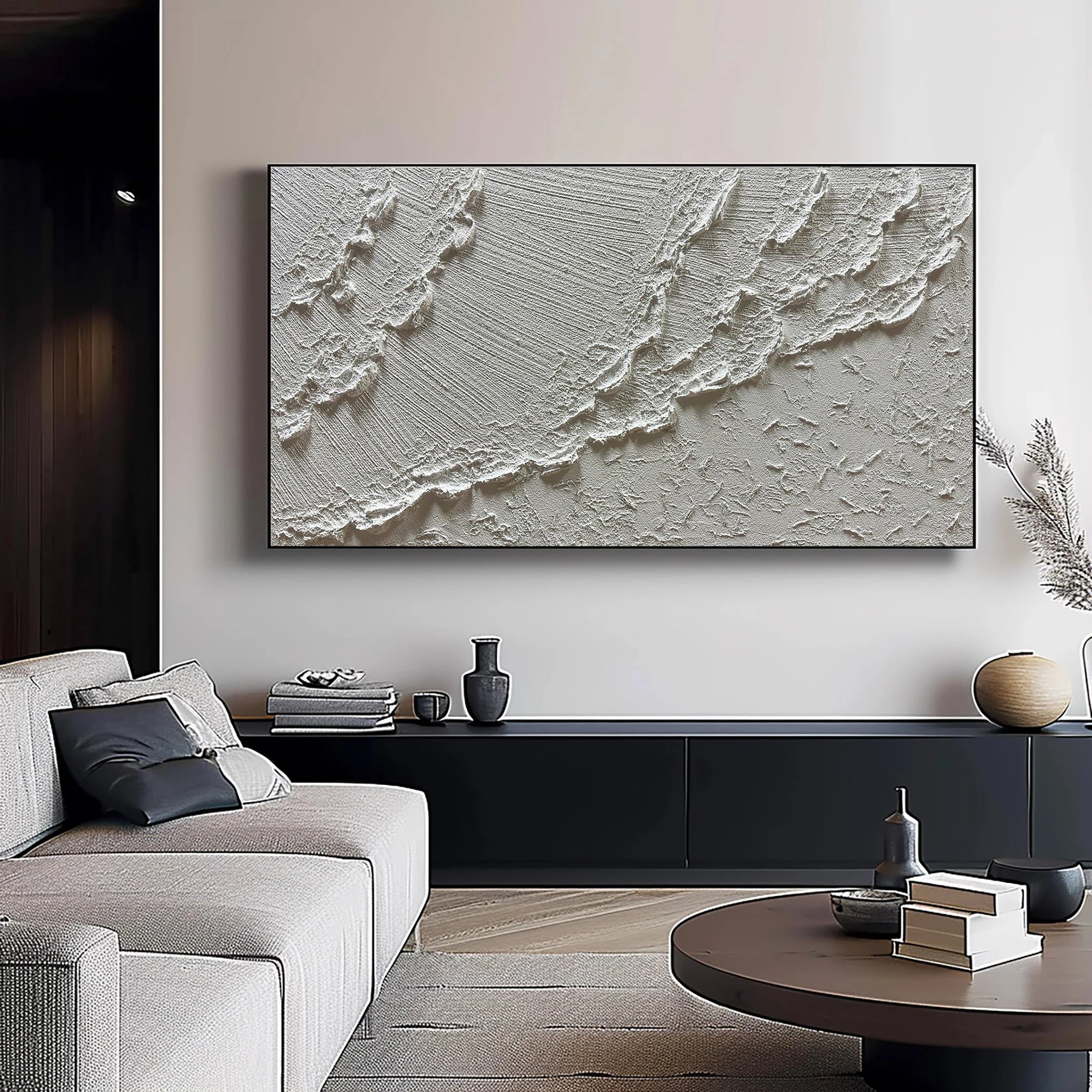 Silver Ridge – Modern White Abstract Relief Minimalist Painting | Modern Minimalist Bedroom & Home Office Art