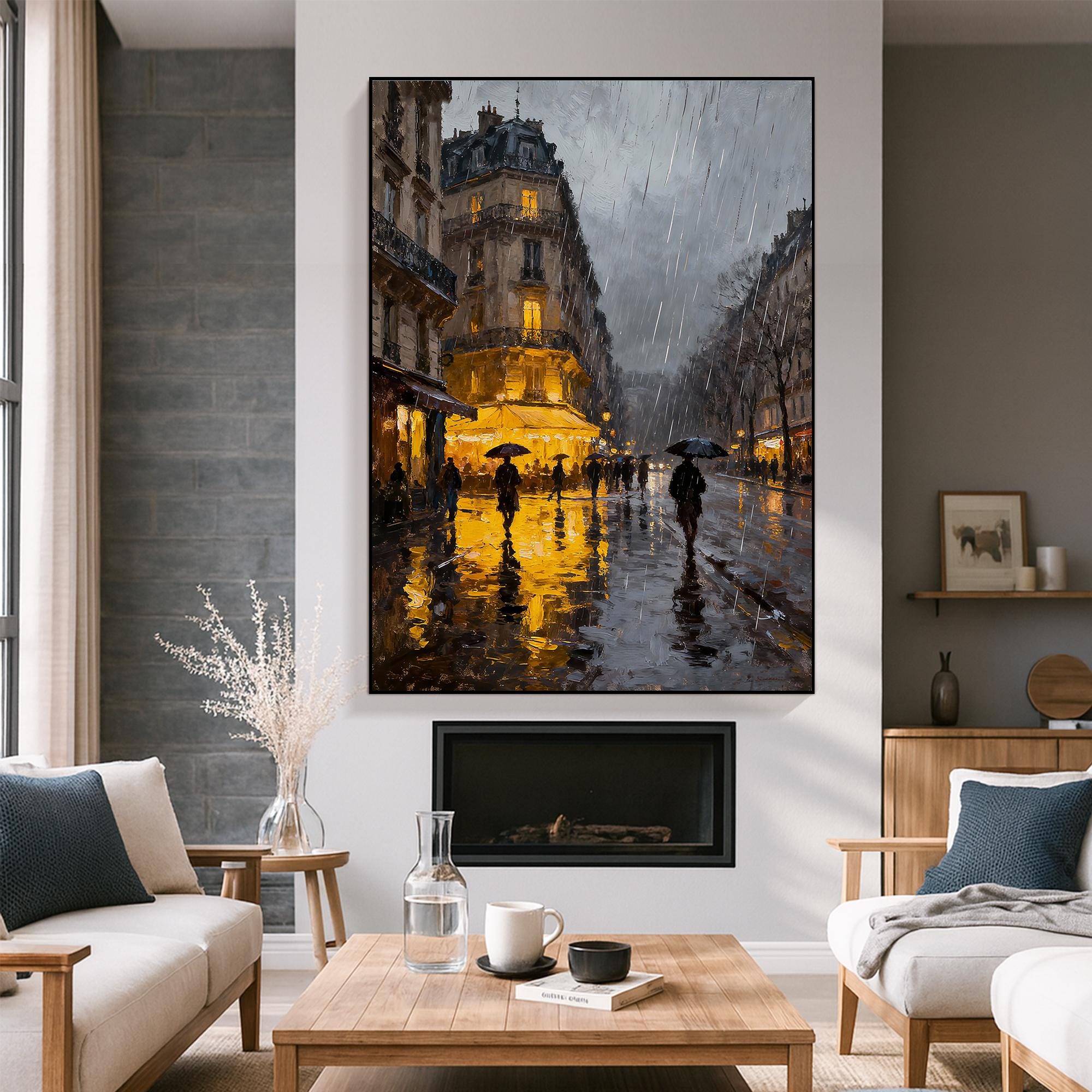 Raindrop Glow – Romantic Cityscape Oil Impressionist Painting | Contemporary Expressionist Living Room & Office Art