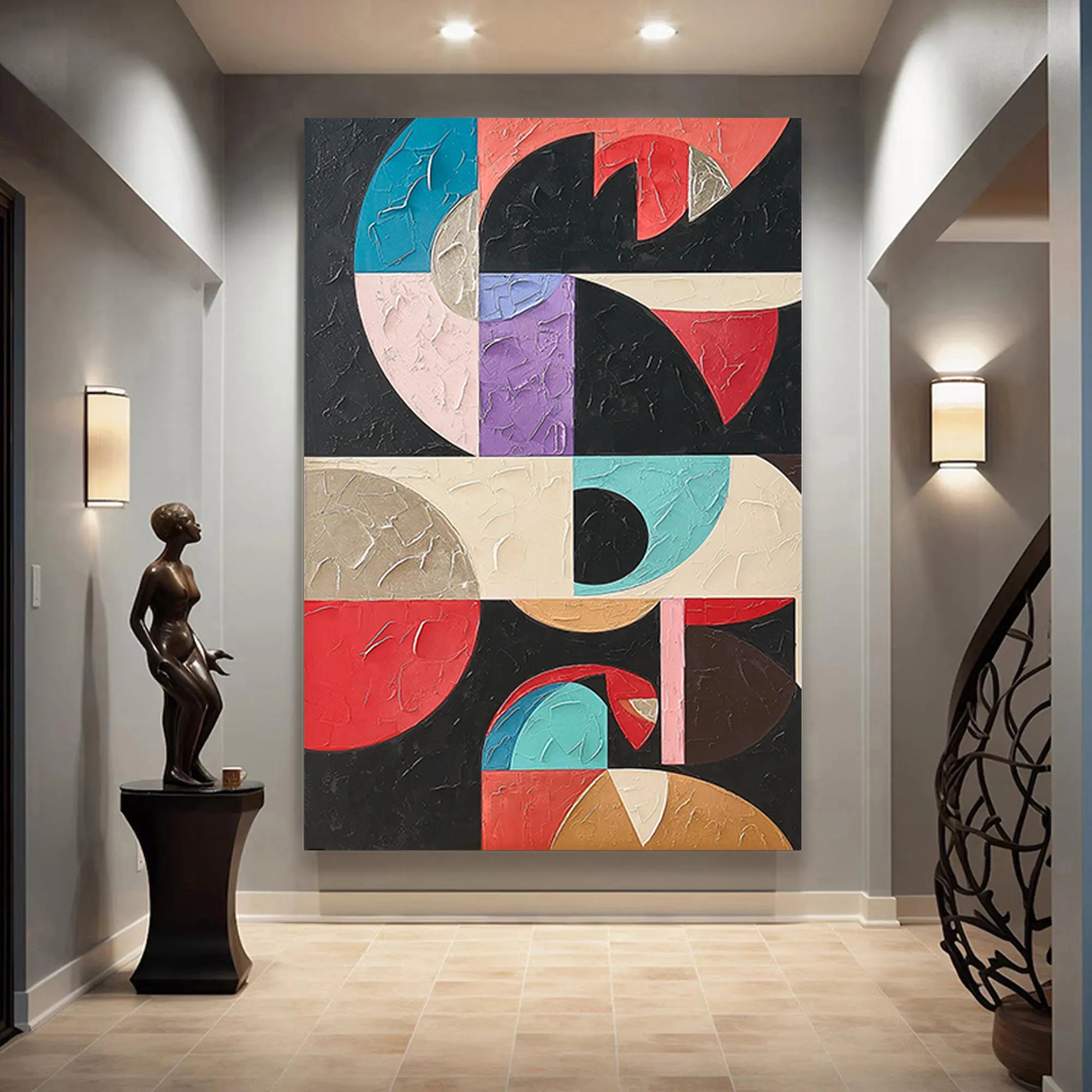 Geometric Pulse – Hand-Painted Multicolored Geometric Block Plaster Effect Abstract Painting | Bold Abstract Palette Knife Living Room Art