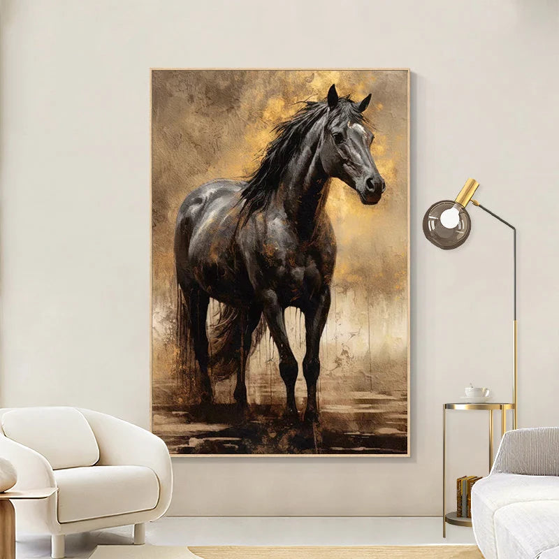 The Obsidian Knight – Realistic Black Horse Texture Painting | Gilded Earth Tone Living Room Art