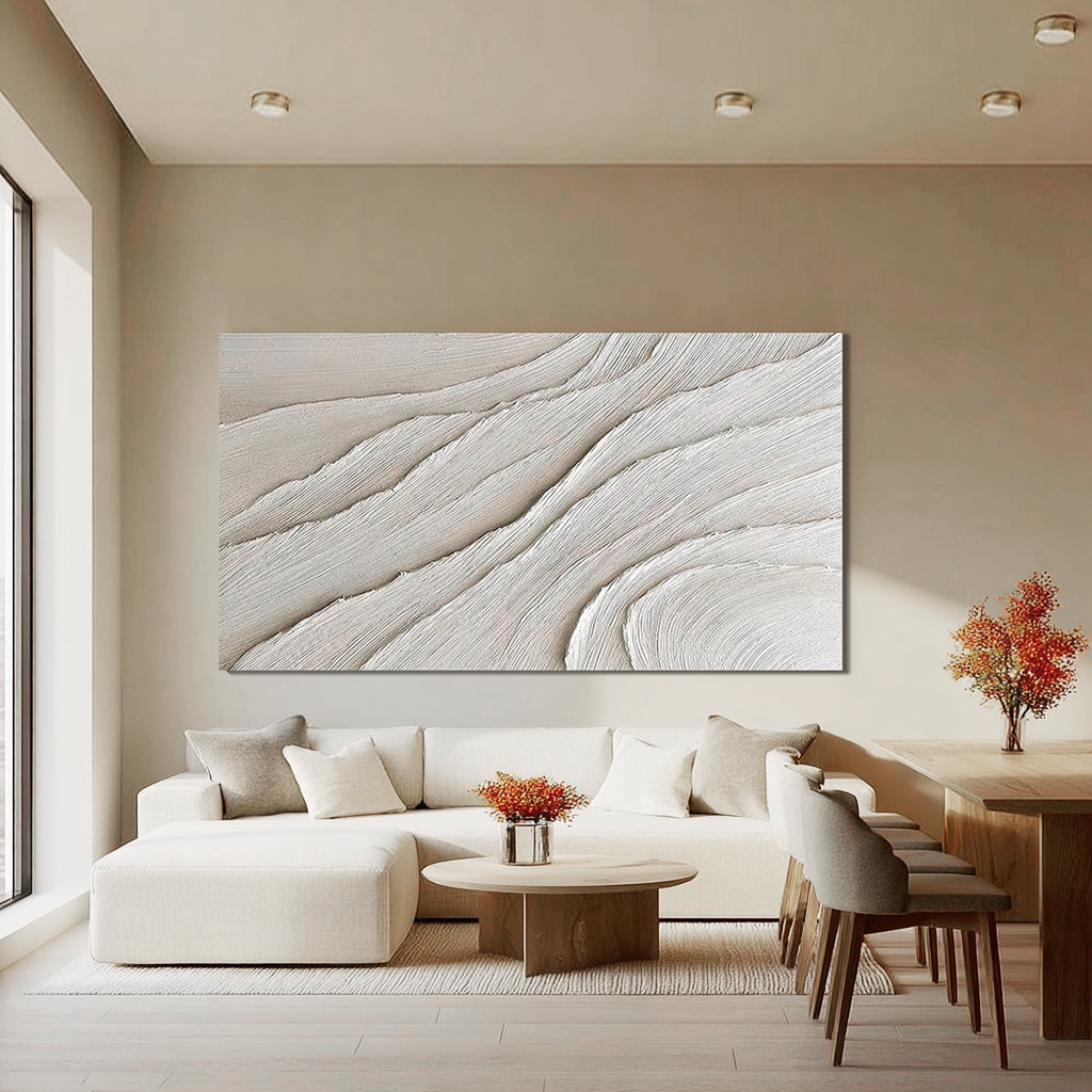 SILK STRATA: Minimalist Wall Art, Hand-Painted Horizontal Off-White Layered Plaster Relief 3D Textured Gallery Art