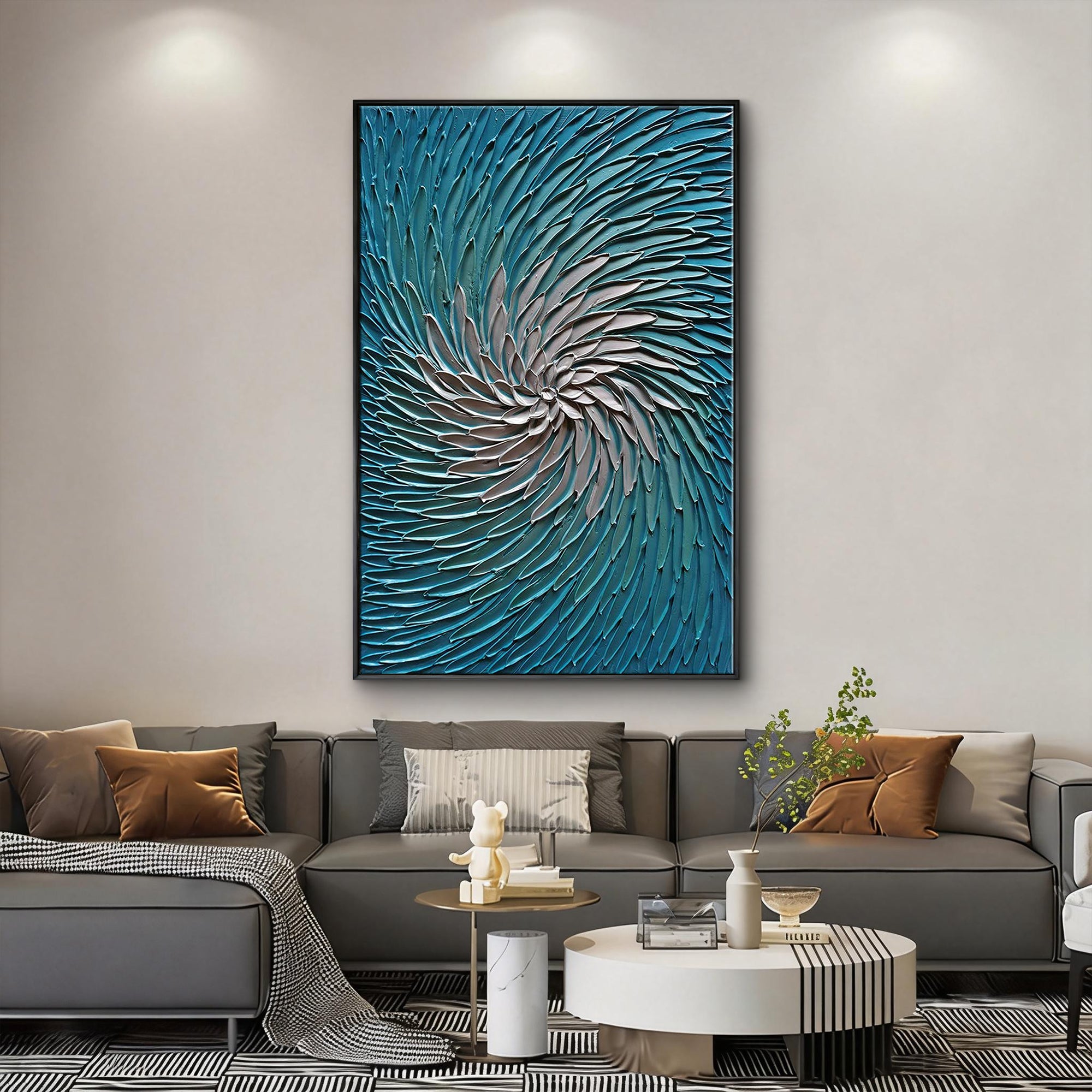 The Ocean Vortex – Modern Teal & Ivory Heavy Impasto Painting | Abstract Coastal Minimalist Hallway Art