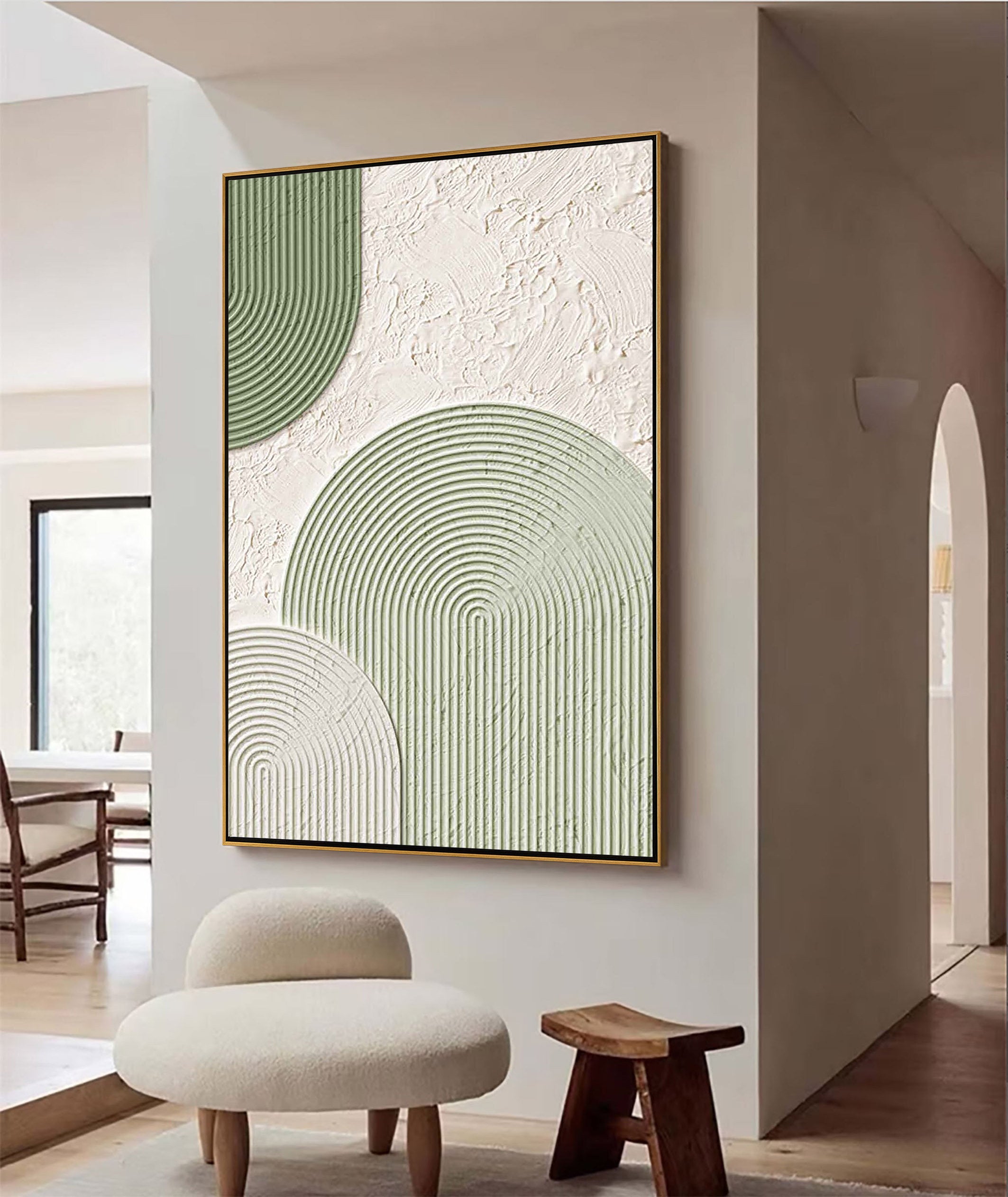 ZEN RADIANCE: Wabi-sabi Linear Arch Art, 3D Textured Sage Green Geometric Painting