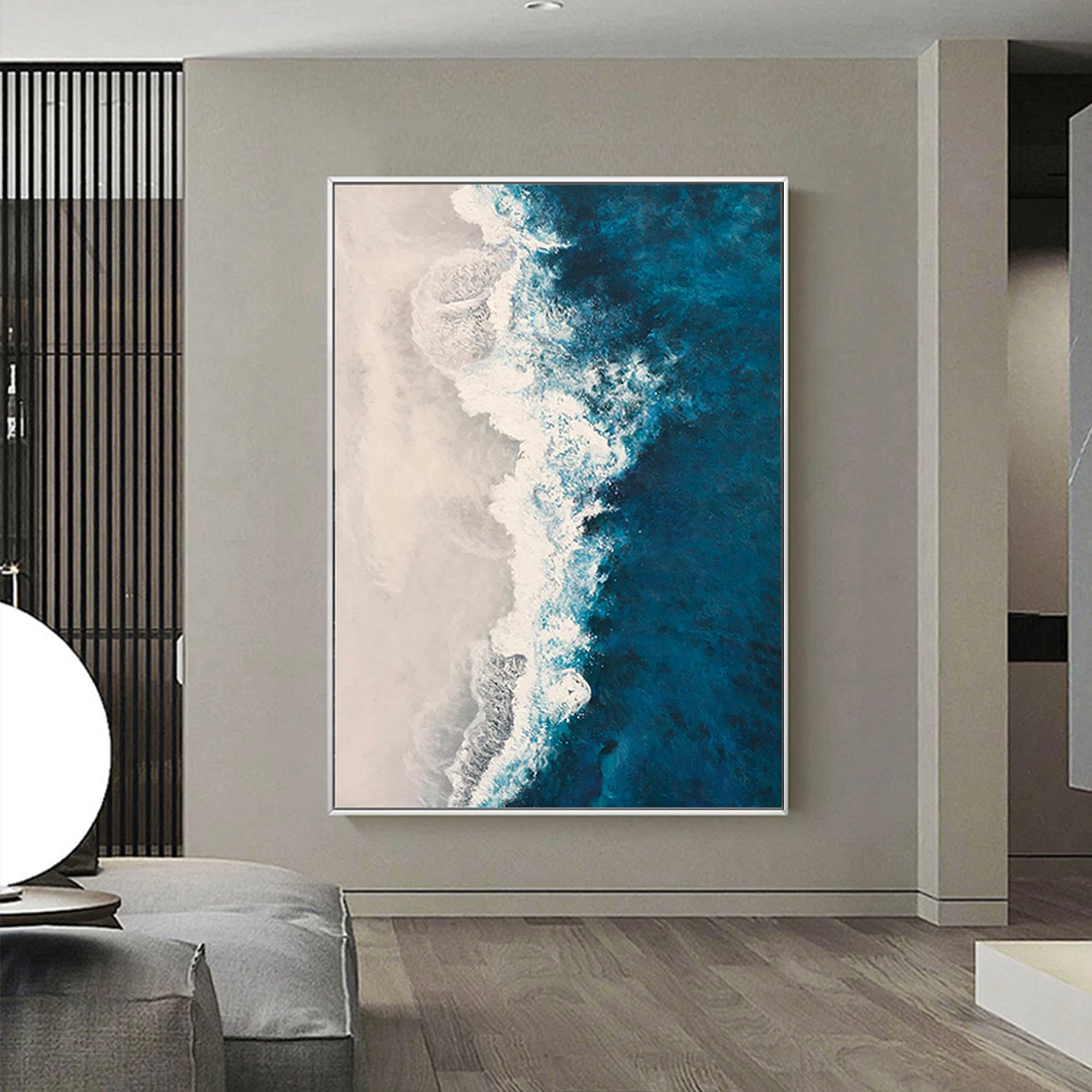 Ocean Surge – Hand-Painted Deep Navy Blue Sea Foam Aerial View Nature Painting | Coastal Modern Living Room & Bedroom Art