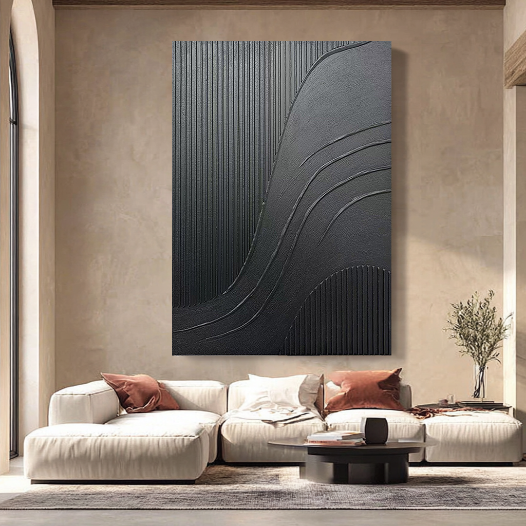 Obsidian Flow – Hand-Painted Pure Black Plaster Effect Multi-Layered Relief Wabi-Sabi Painting | Modern Noir Wabi-Sabi Living Room & Home Office Art