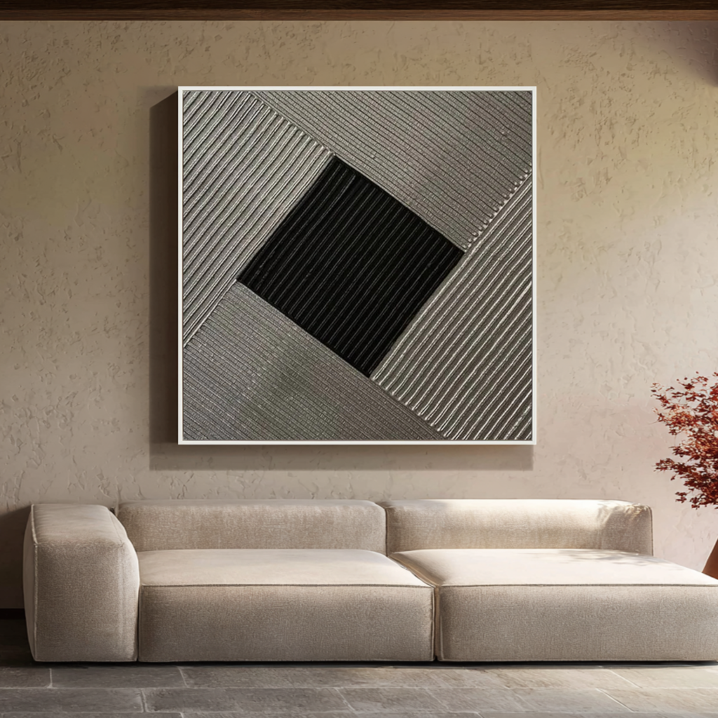 Onyx Vortex – Modern Black & Charcoal Plaster Relief Wabi-Sabi Painting | Modern Noir Wabi-Sabi Living Room & Home Office Art