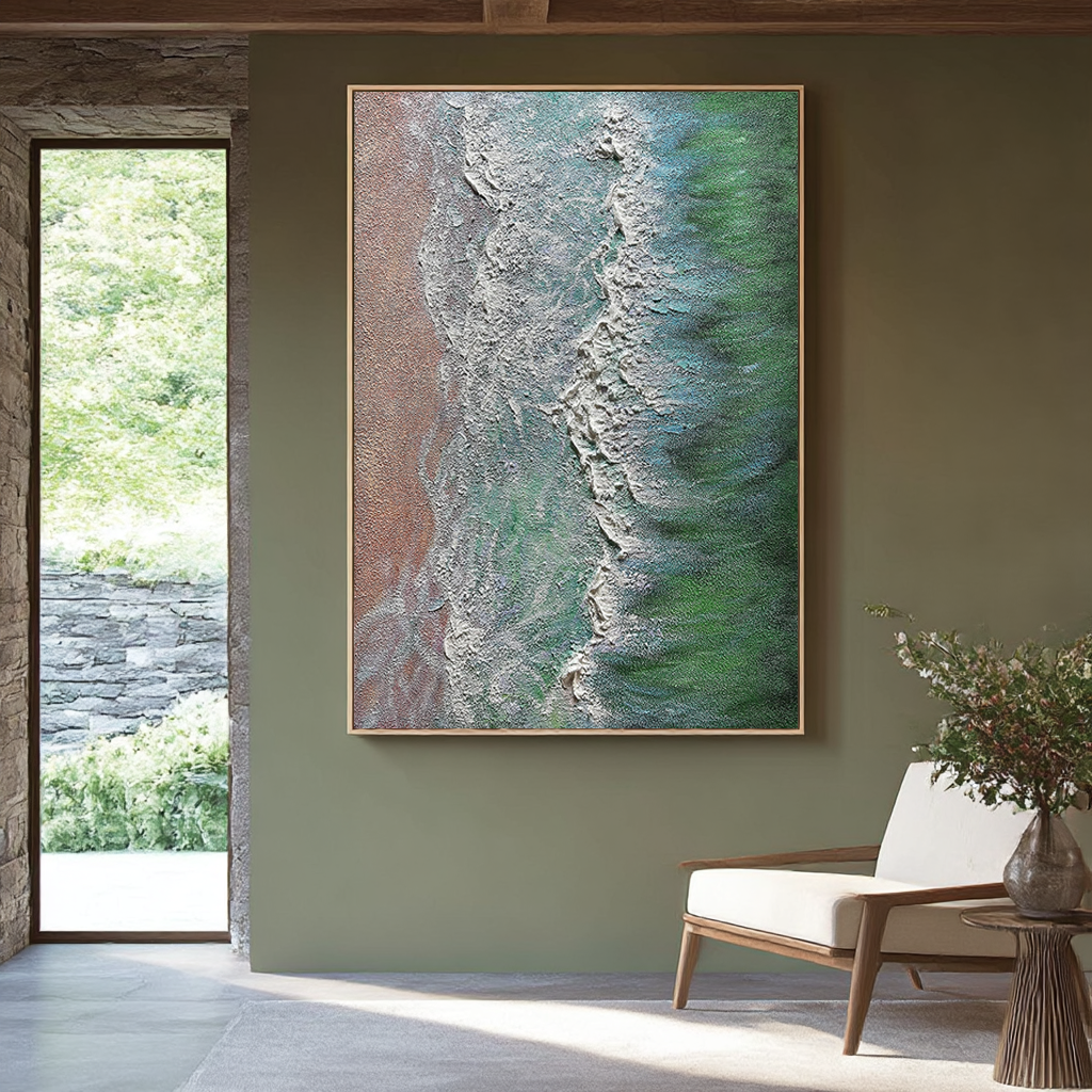 Emerald Coast – Heavy Impasto Textured Seascape Aerial Painting | Coastal Modern Living Room & Bedroom Art