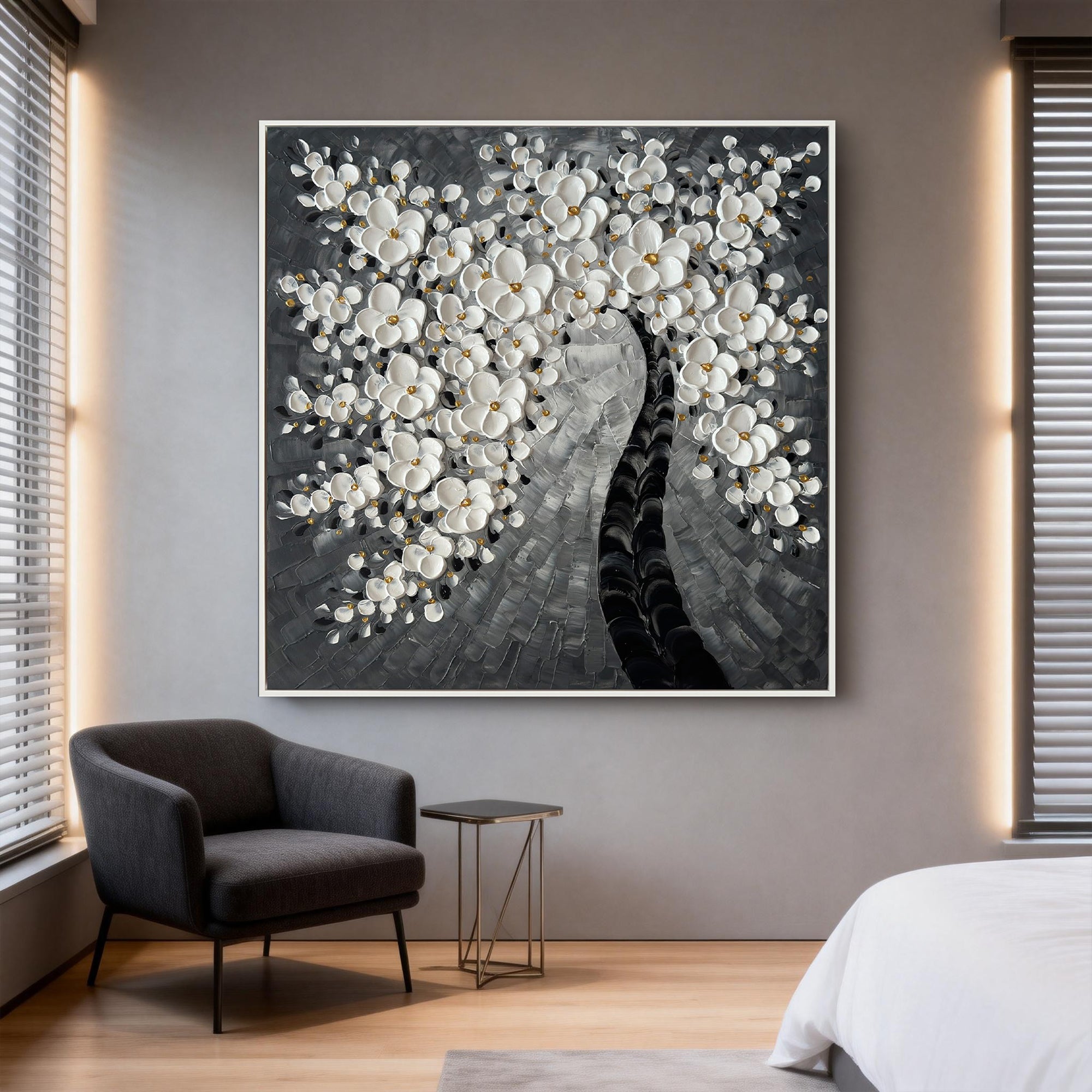 Noir Blossom – Modern Black and Grey Tree Relief Floral Painting | Minimalist Botanical Bedroom & Living Room Art
