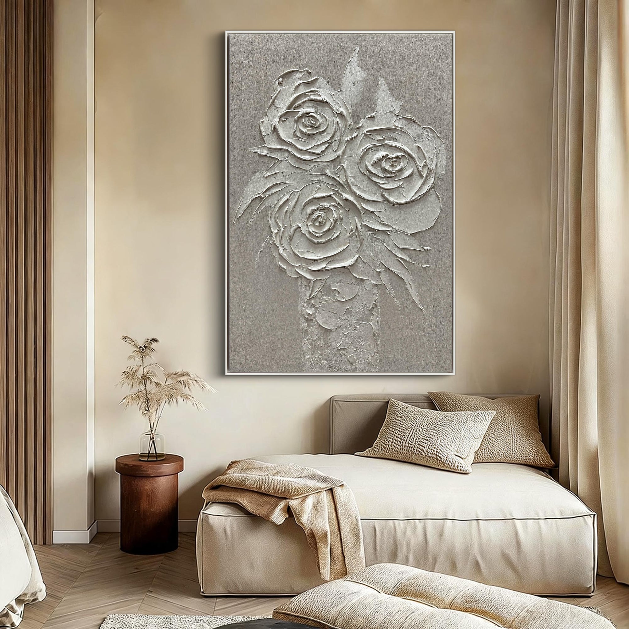 Ethereal Vase – Modern Floral Still Life Relief Texture Painting | Contemporary Botanical Bedroom & Living Room Art