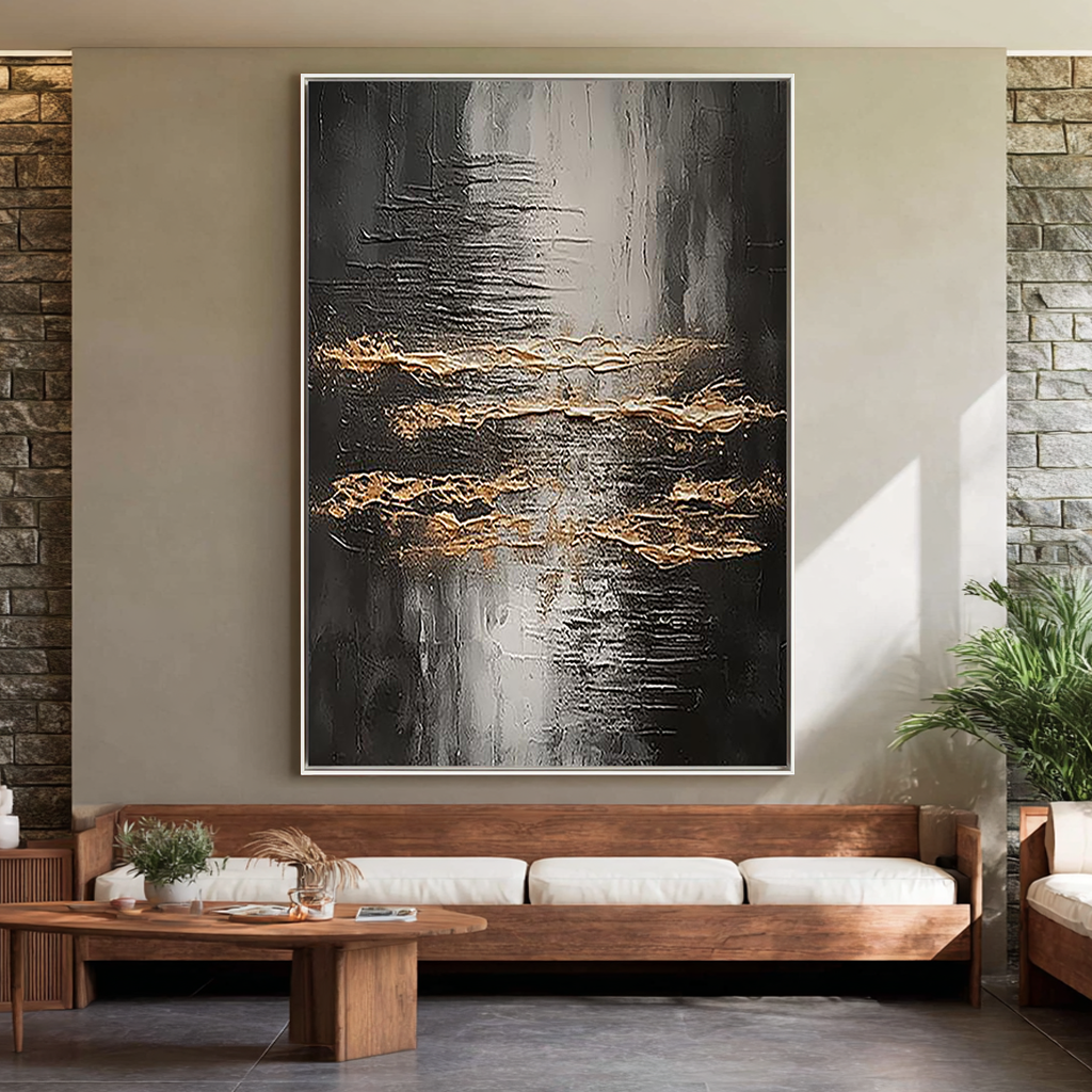Onyx Rhythm – Black & Gold Plaster Relief Abstract Texture Painting | Modern Abstract Living Room & Office Art