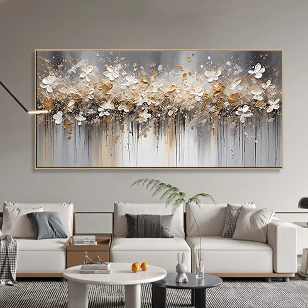 GOLDEN ELEGANCE: Floral Wall Art, luxury Gold Foil White Blossom Hand-Painted Textured Gallery Art