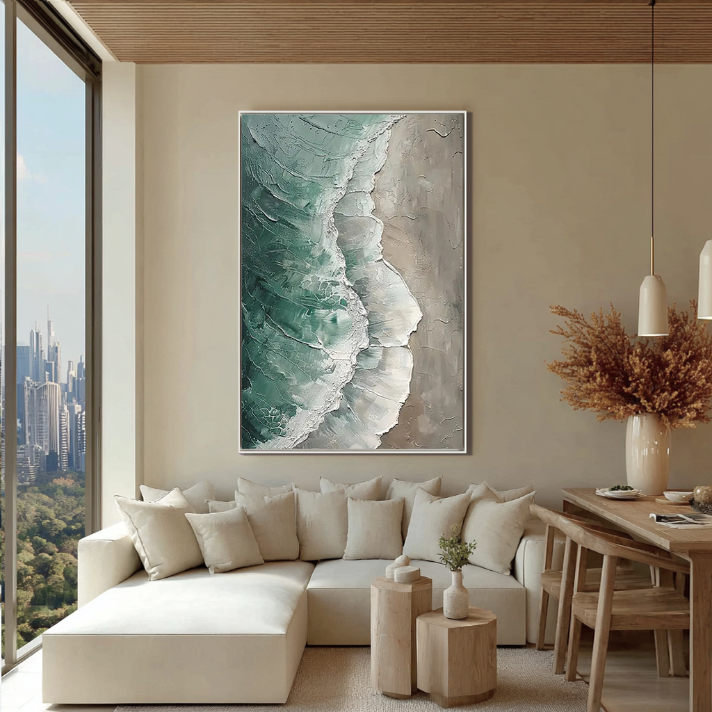 Ethereal Tide – Modern Textured Painting | Creative Wabi-Sabi Teal Ocean Wave Entryway Art