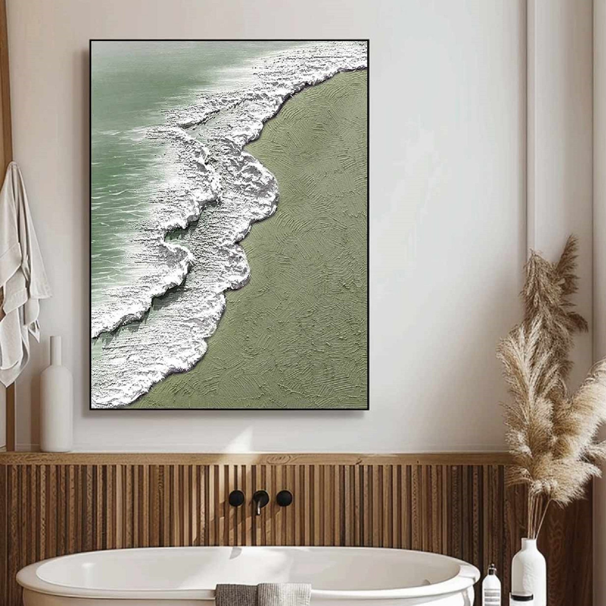 The Silent Shore – Modern Textured Painting | Creative Wabi-Sabi Sage Green Ocean Wave Hallway Art