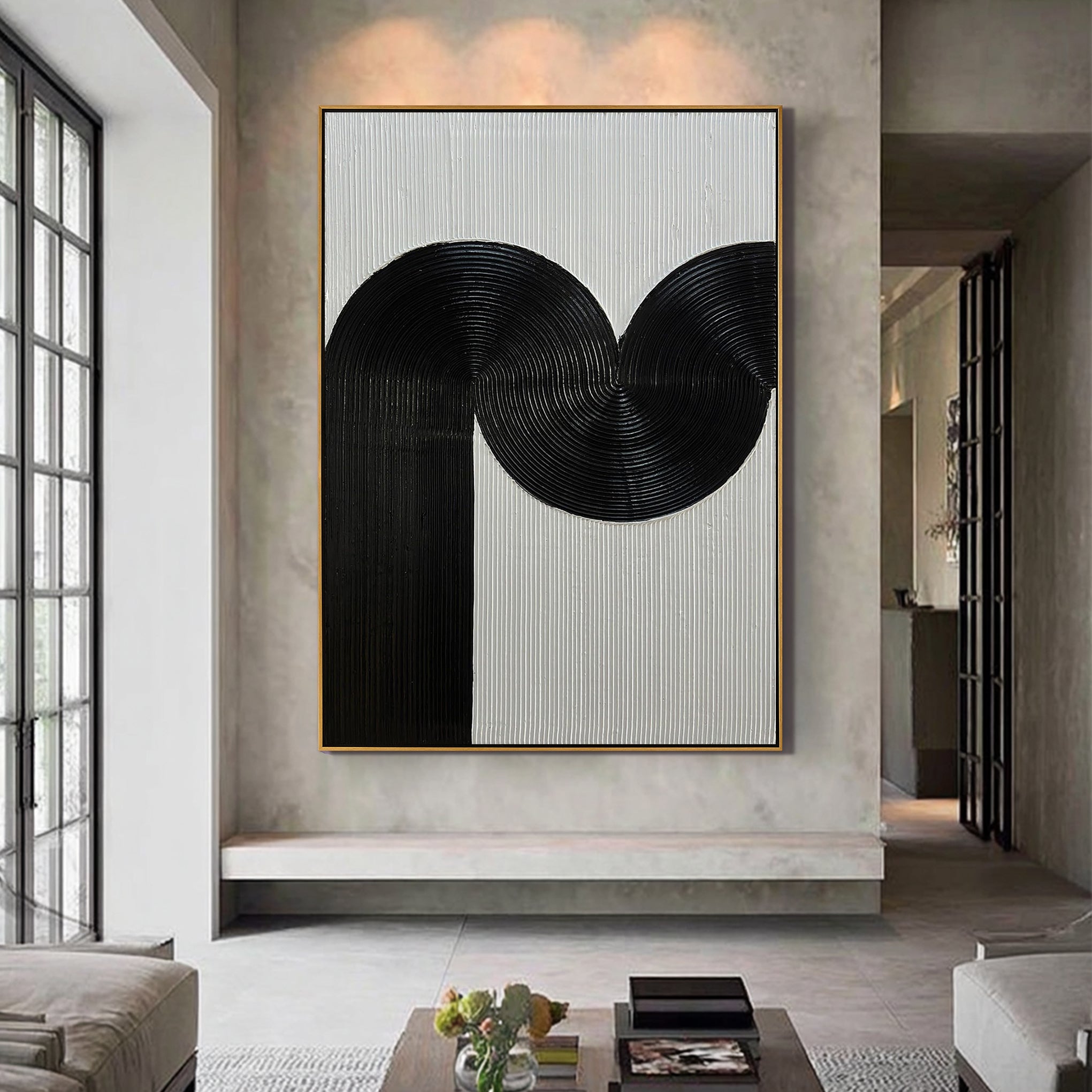 BOLD RHYTHM- Wabi-sabi Linear Texture Painting | Minimalist Black & White Sculptural Hallway Art