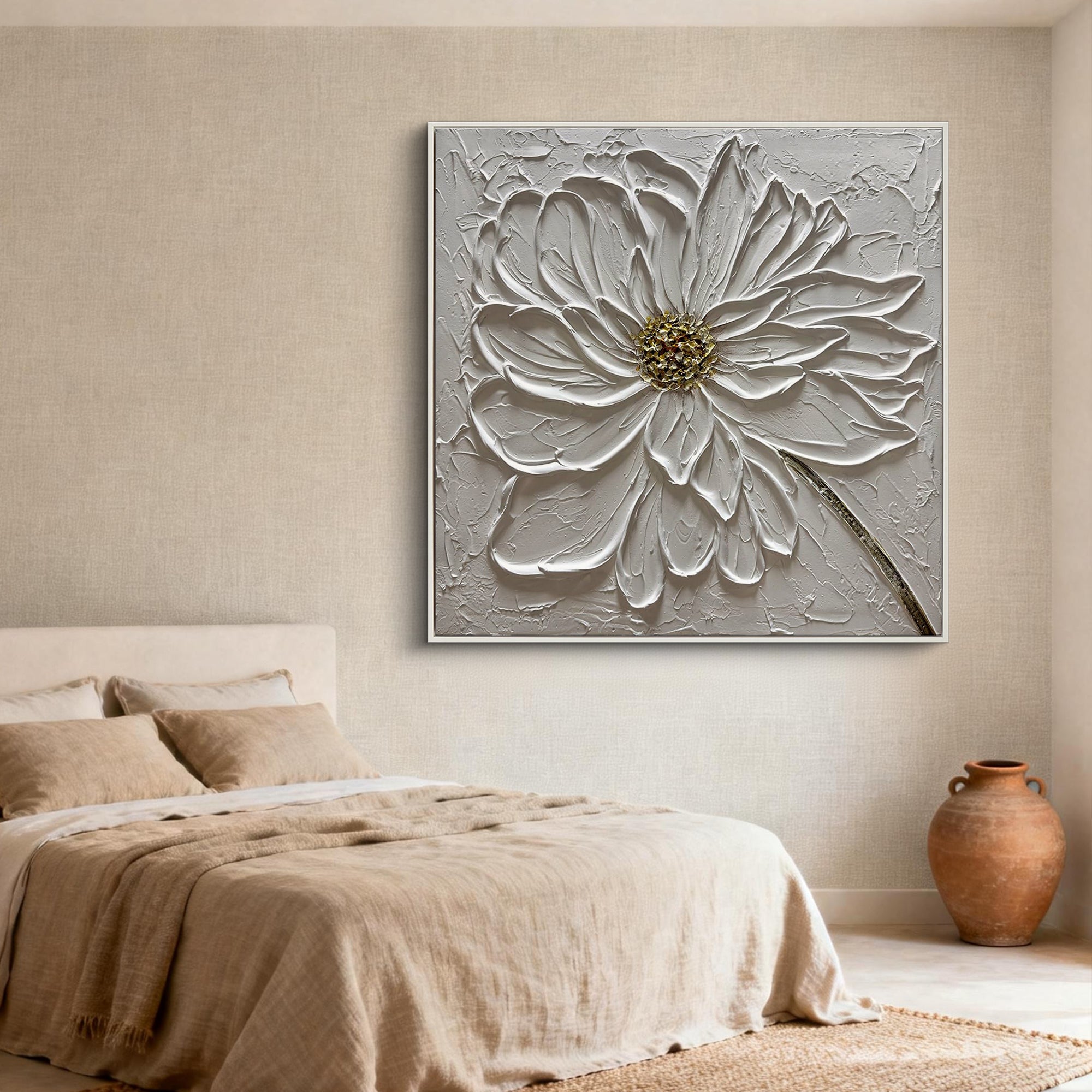 Floral Zenith – Heavy Impasto White Petal Relief Floral Painting | Contemporary Botanical Bedroom & Living Room Art