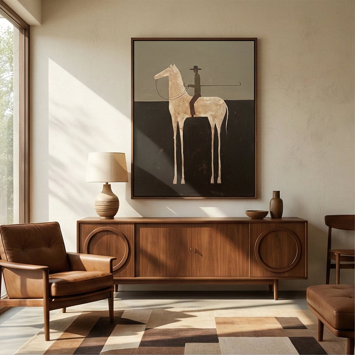 Ivory Rider After Midnight – Minimalist White Horse Rider Painting | Dark Vertical Western Wall Art