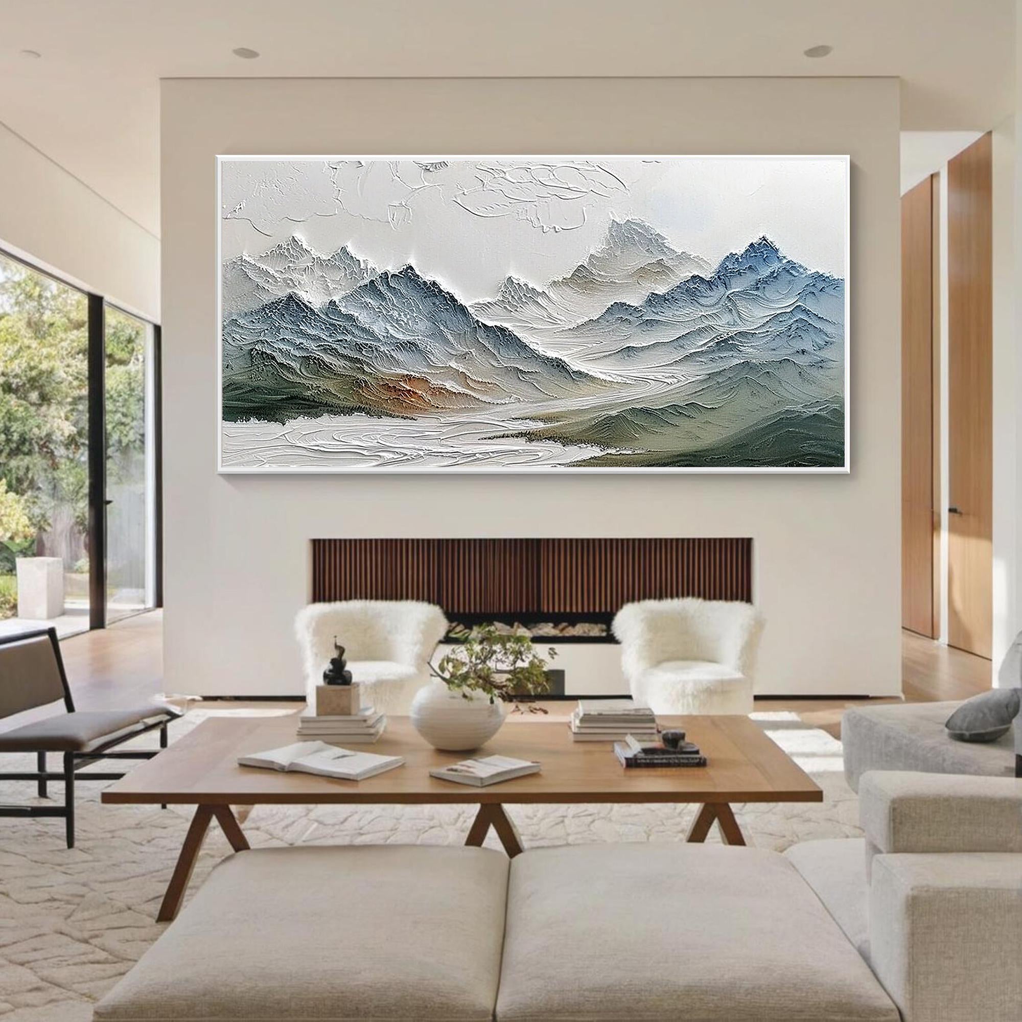 FROSTED PEAKS: Mountain Wall Art, Hand-Painted Blue Alpine Snow Mountain Palette Knife Heavy Texture Canvas Painting