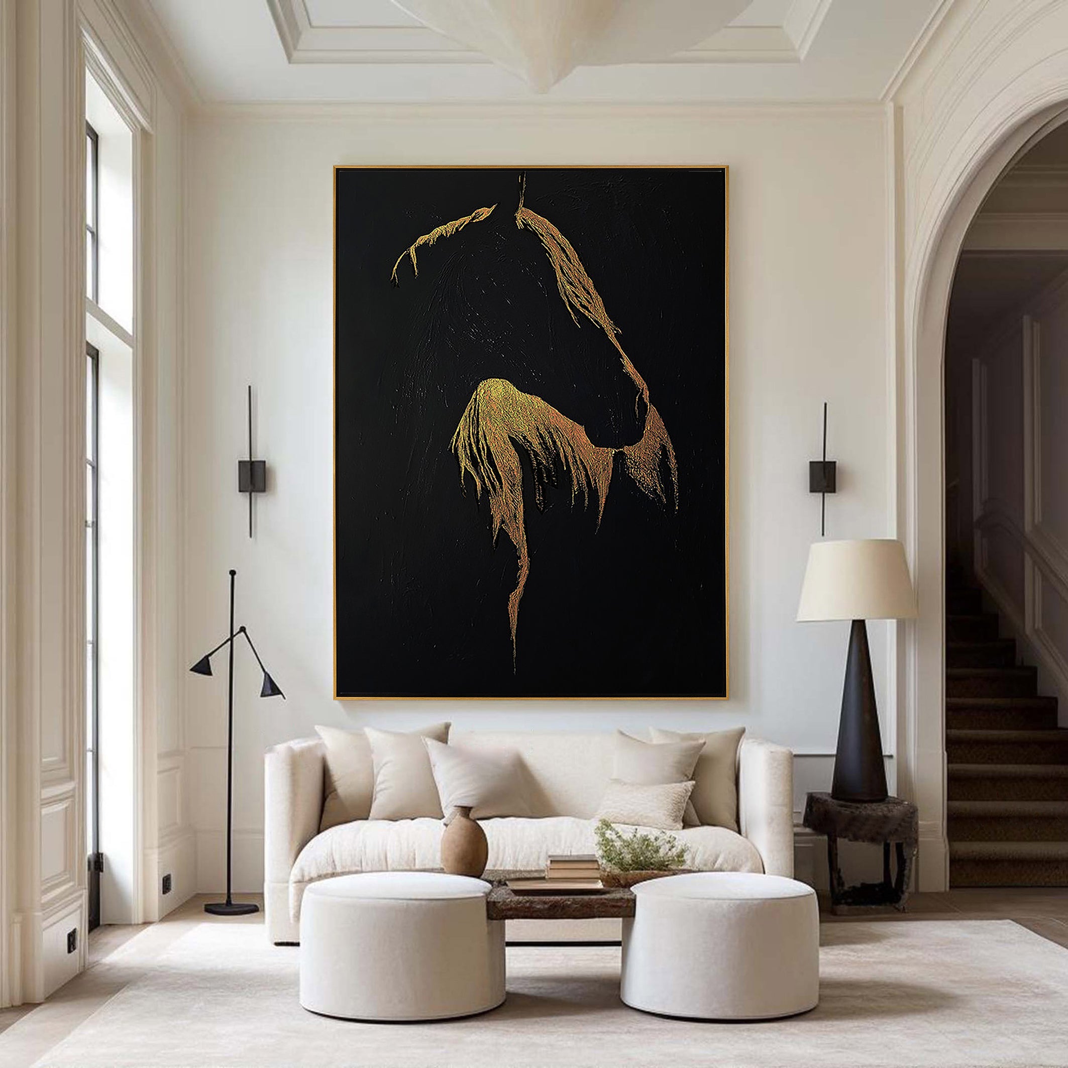 Golden Silhouette – Luxury Black and Gold Horse Painting | Minimalist Textured Animal Living Room Art